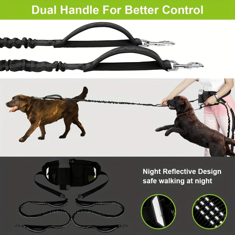 Reflective Dual Dog Leash with Retractable Waist Bag Design