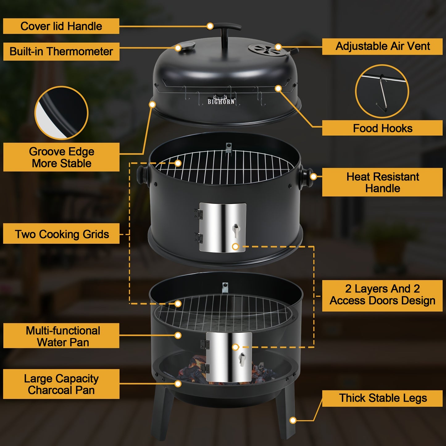 Portable Vertical Charcoal Smoker Grill With Thermometer