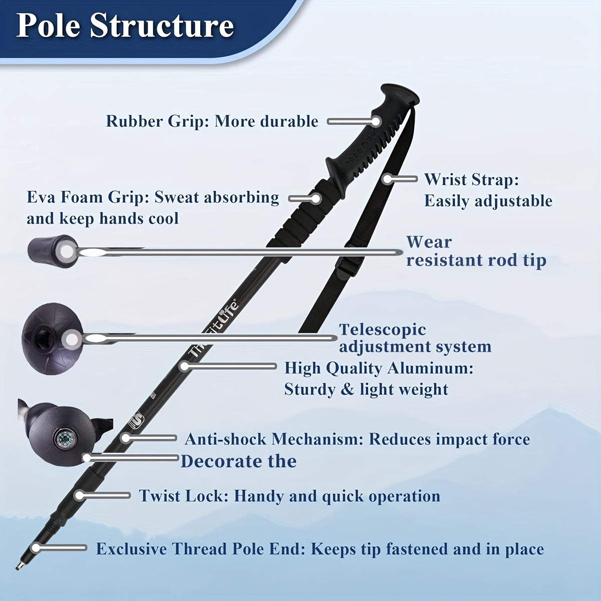 Ergonomic Aluminum Trekking Poles Adjustable Shockproof