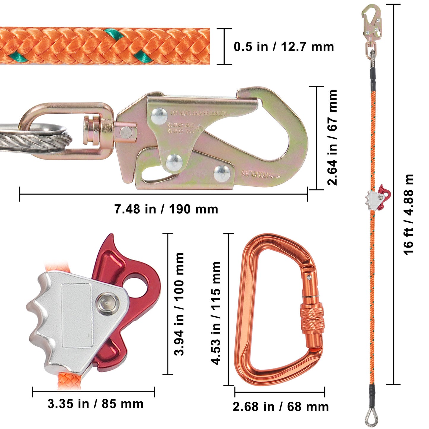 Steel Core Arborist Flipline With Snap Hook And Carabiner
