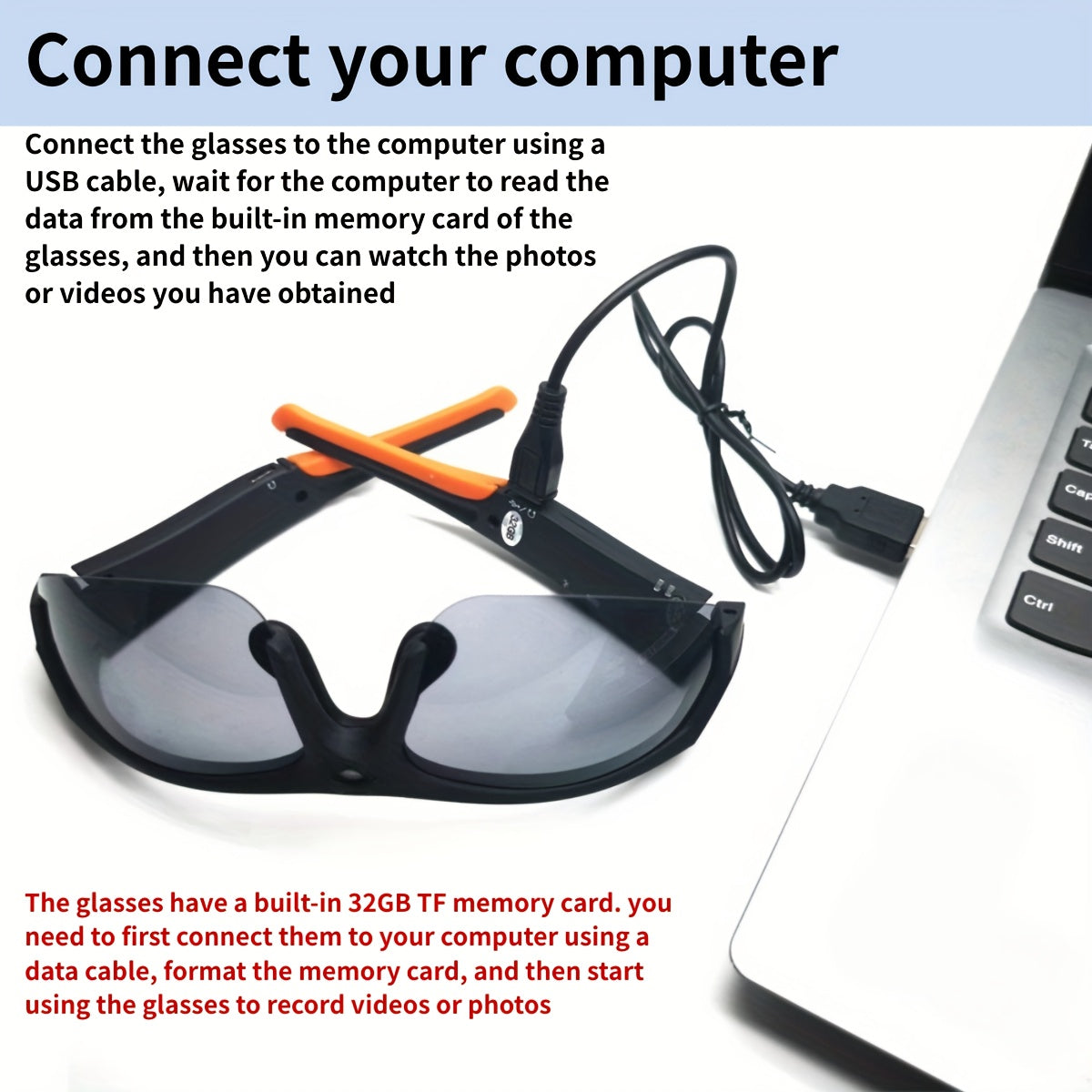 1080P Smart Glasses Camera 32GB Storage And USB Rechargeable Battery