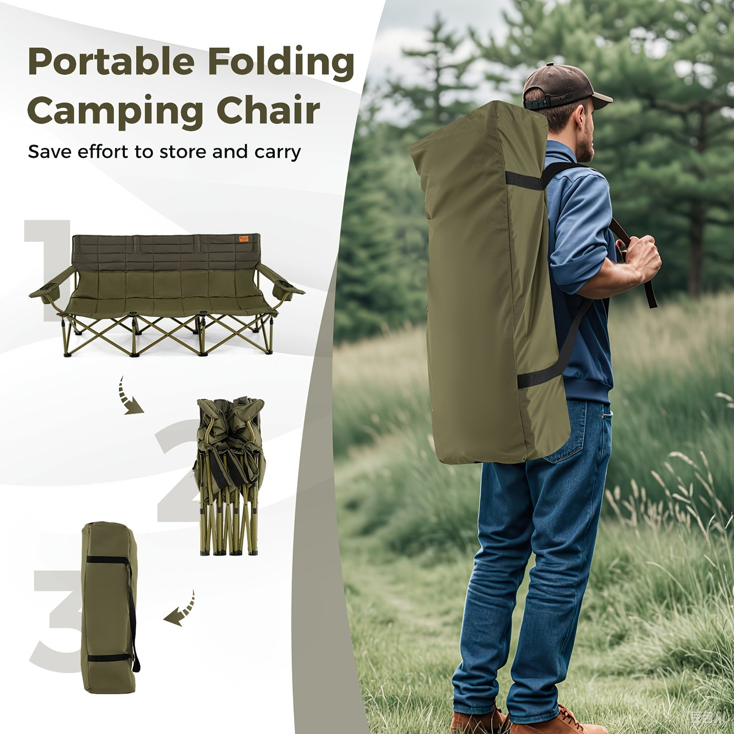 Heavy-Duty Folding Camping Chair for Three with Cup Holders