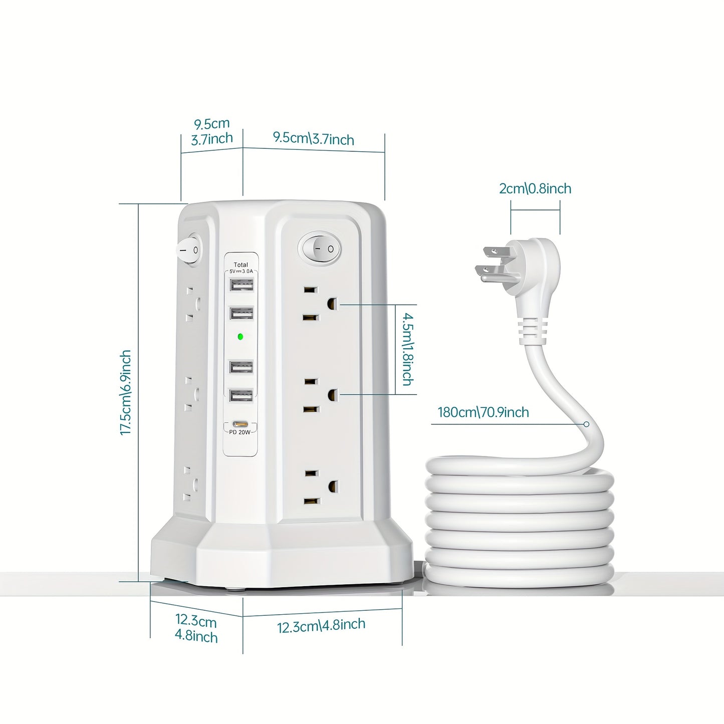 Angled 12 Outlets Power Strip Tower USB C PD Ports