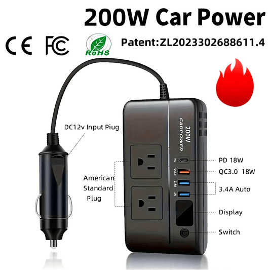 200W Car Inverter DC 12V to 110V USB 3 Ports Type C