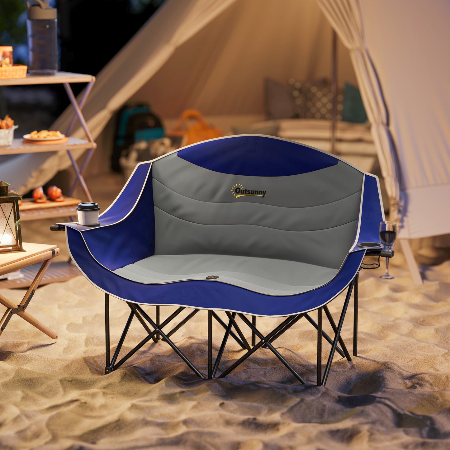 Double Padded Camping Chair for Two With Cup Holders
