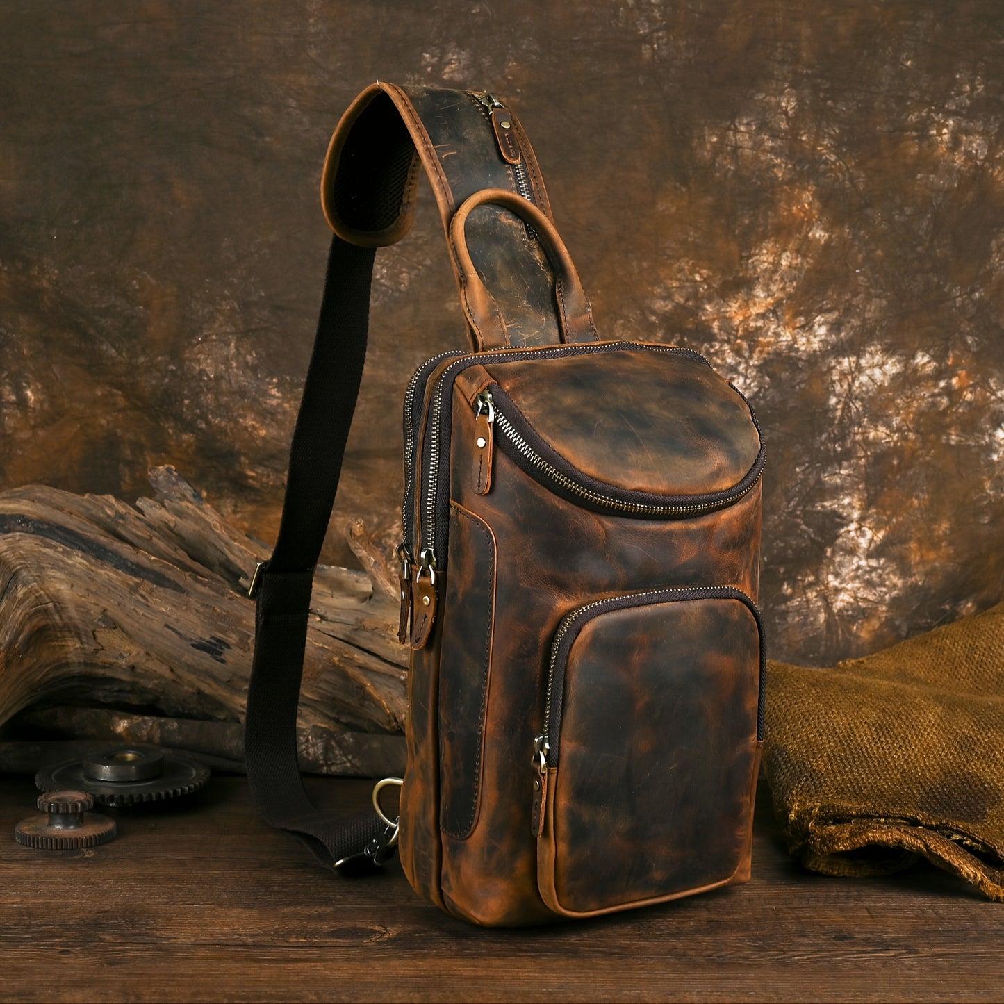 Brown Leather Chest Bag for Men with Adjustable Strap