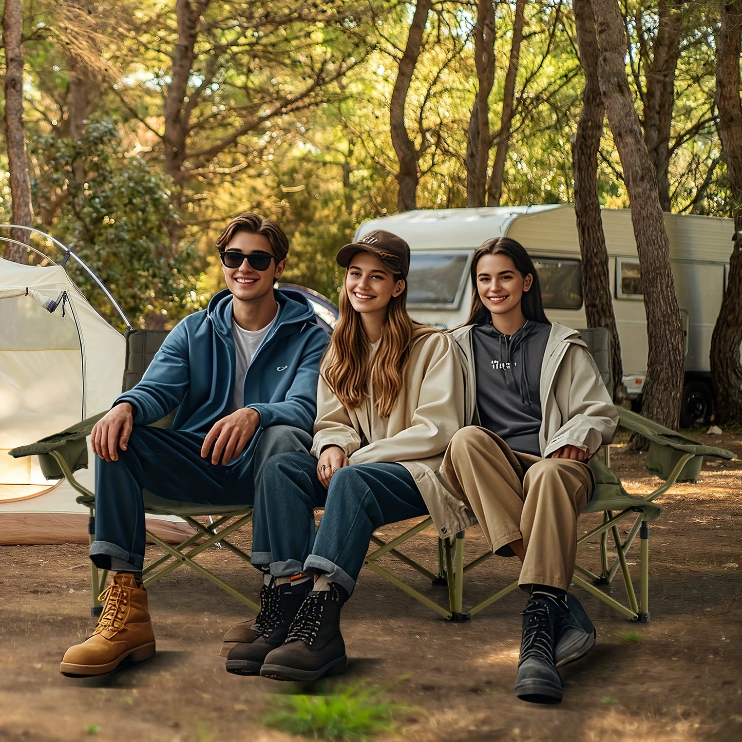 Heavy-Duty Folding Camping Chair for Three with Cup Holders