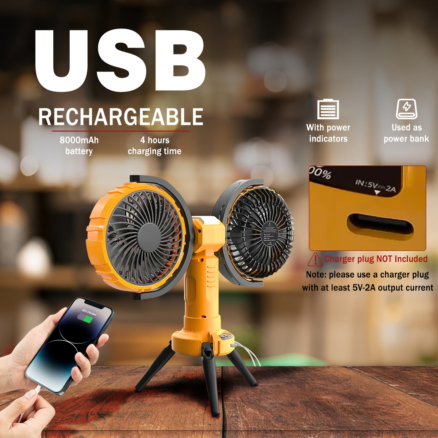 Dual-Head Rechargeable Camping Fan with LED Light and Tripod