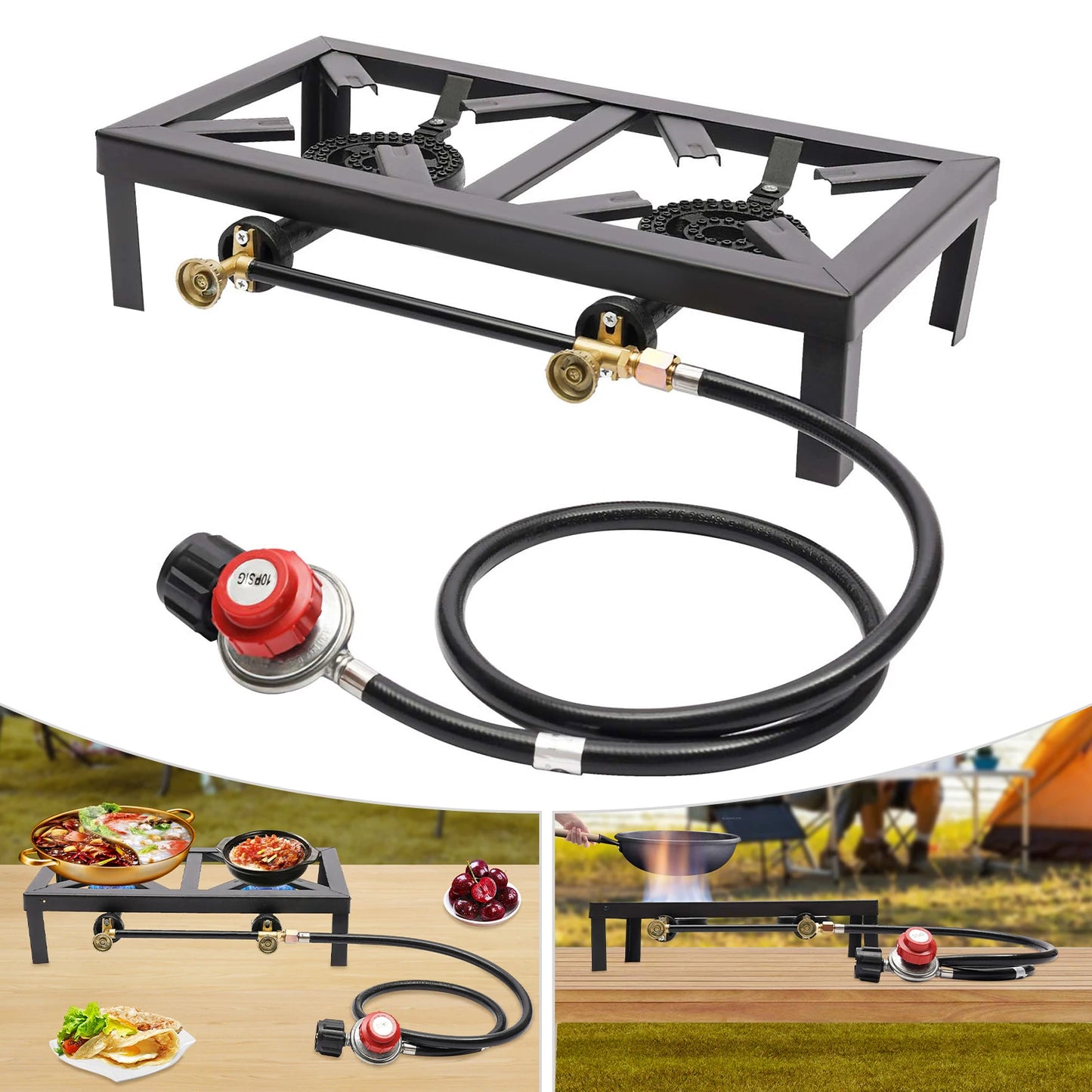 Portable Propane Camping Stove Double Burner Regulator Hose