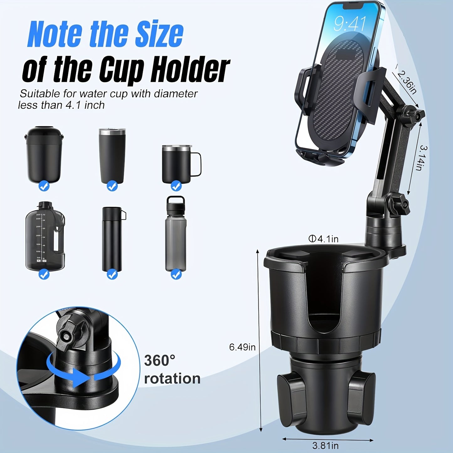 YWOR Waterproof 2-in-1 Car Cup Phone Mount with Adjustable Base