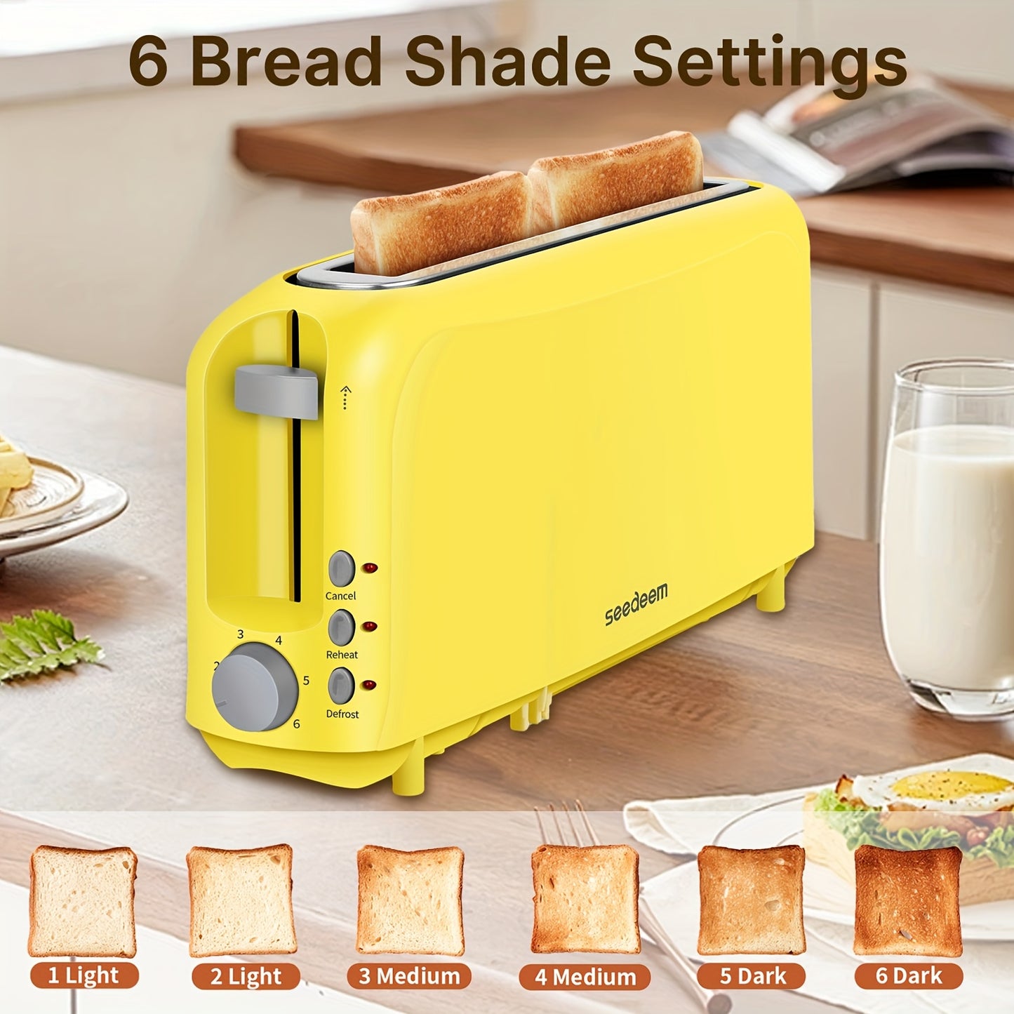 Slim Toaster With 6 Setting Shade Control Removable Tray