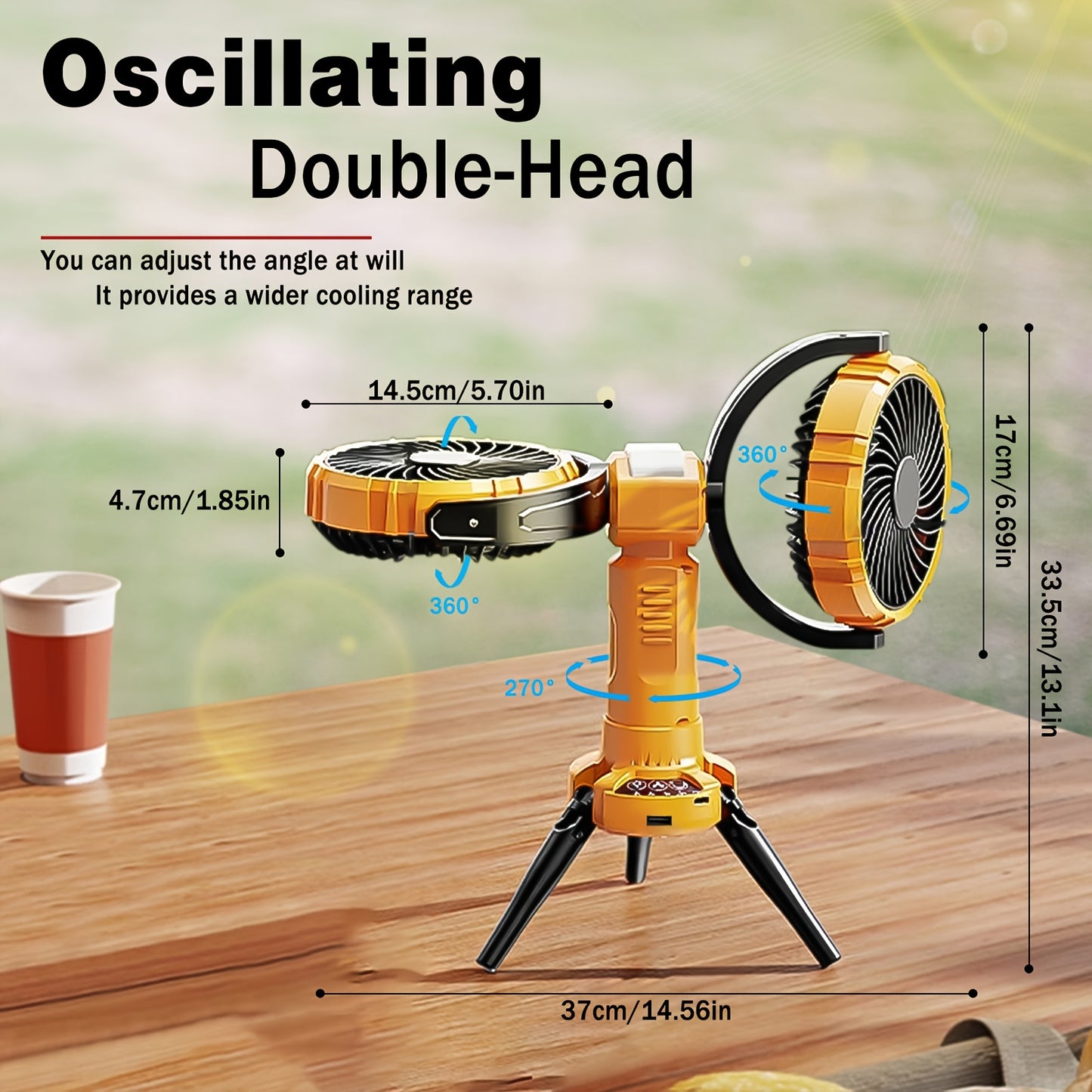 Dual-Head Rechargeable Camping Fan with LED Light and Tripod