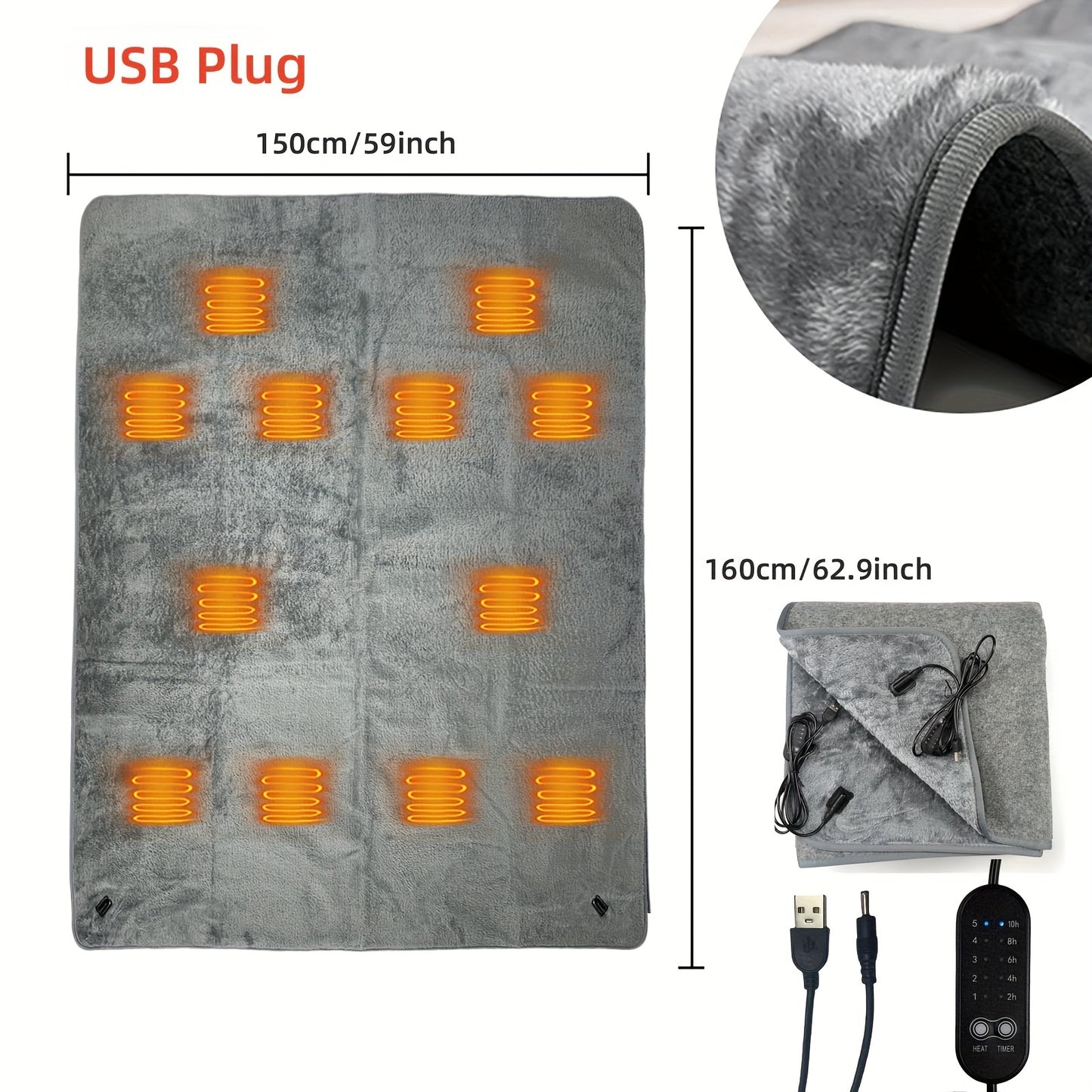 Electric Heated Blanket USB Powered With 5 Level Temp