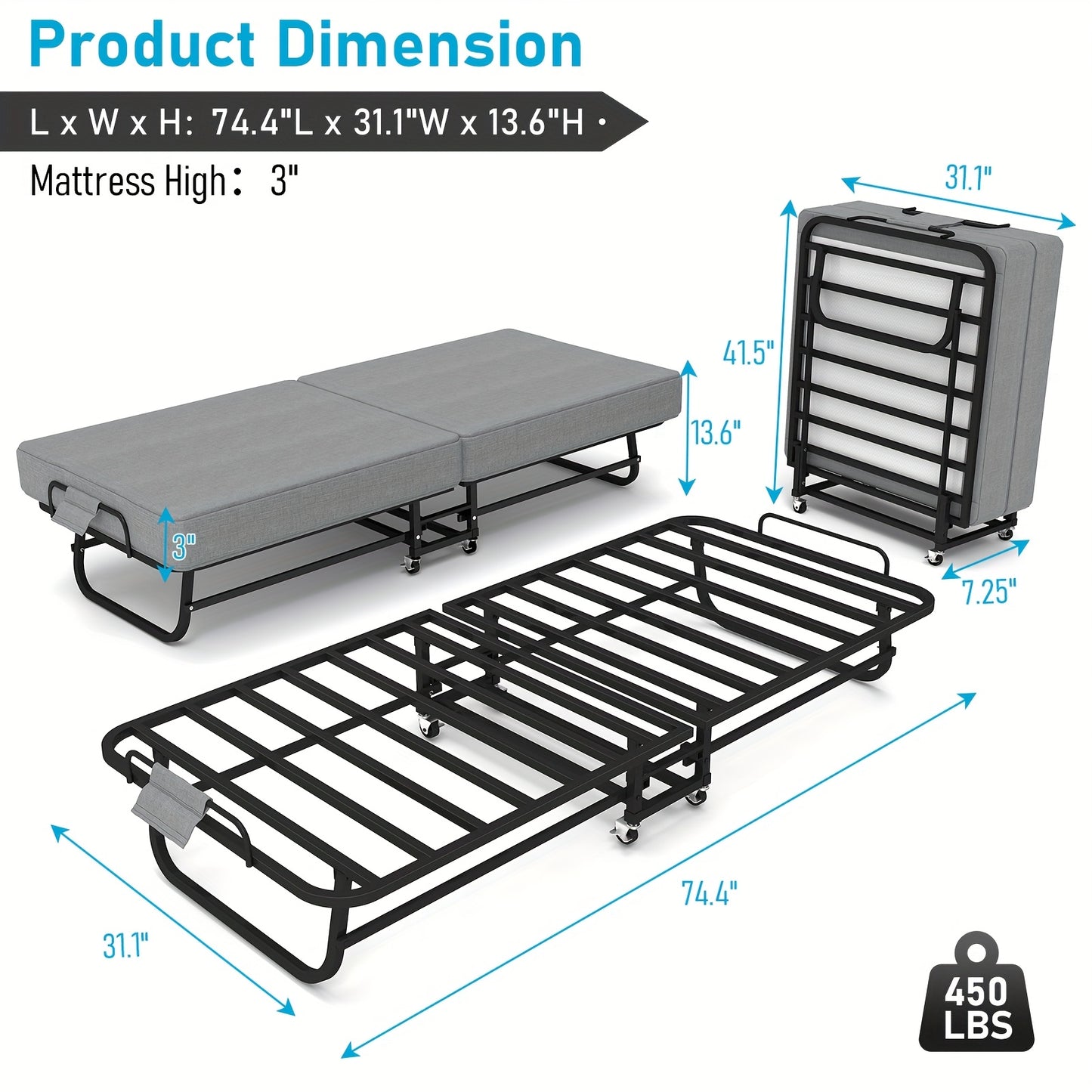 Portable Folding Bed With Memory Foam Mattress For Guests