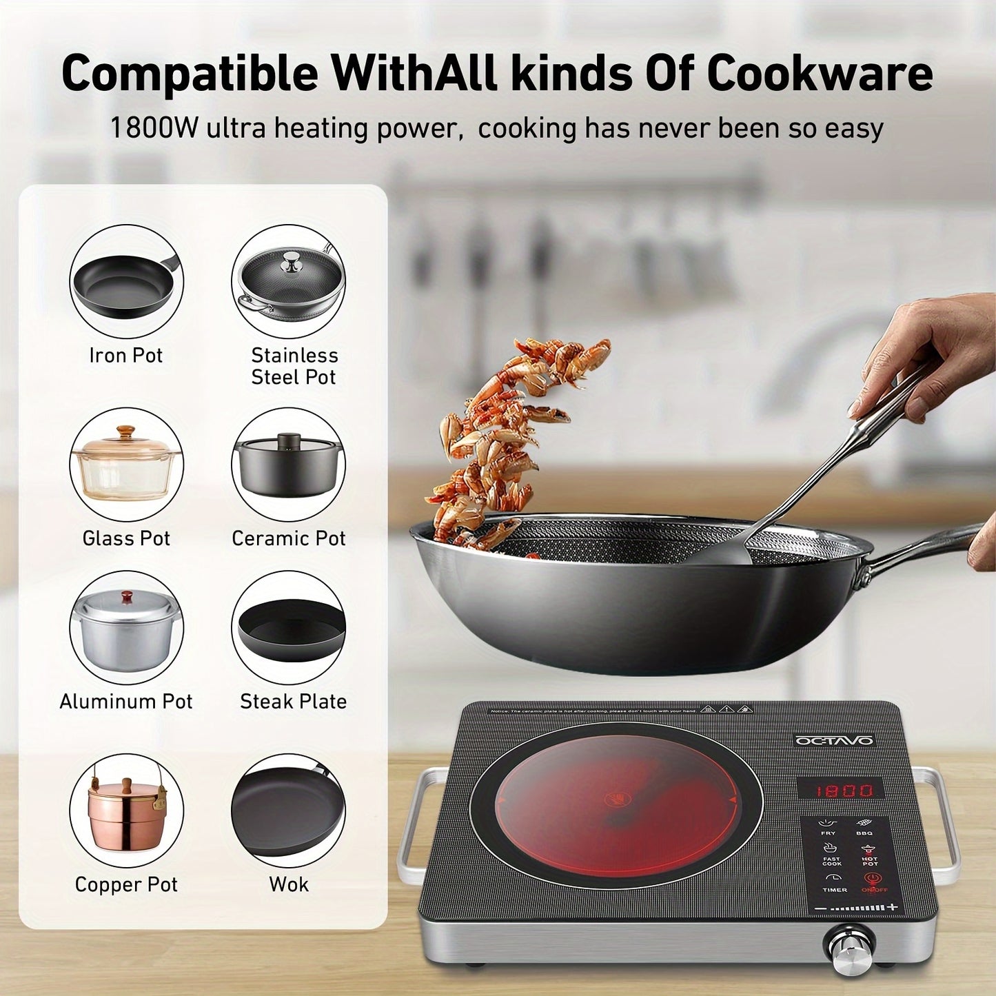 1800W Portable Infrared Burner With Timer And Glass Cooktop