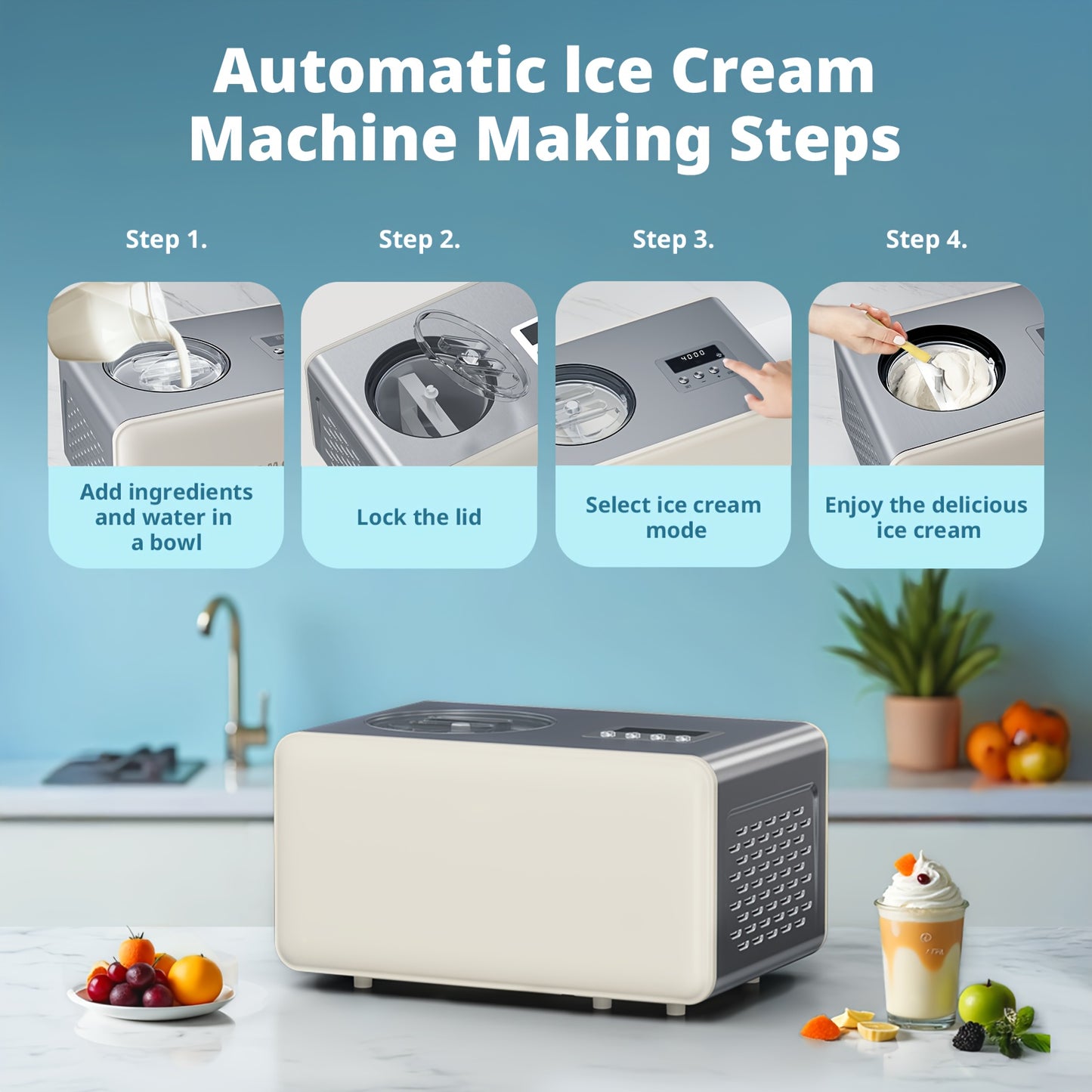 Stainless Steel Ice Cream Maker With Compressor And Timer