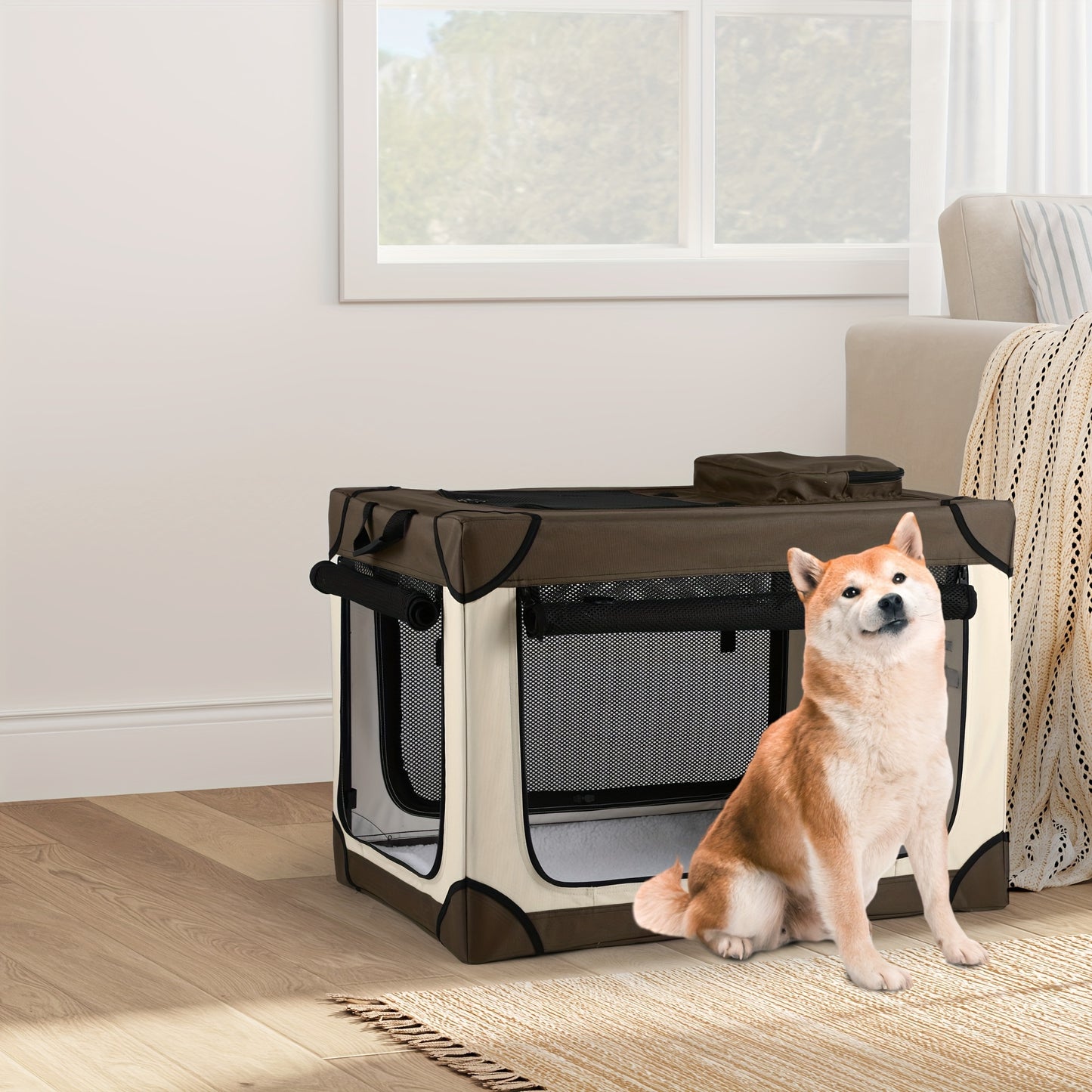 Four Door Folding Collapsible Dog Crate With Mesh Kennel