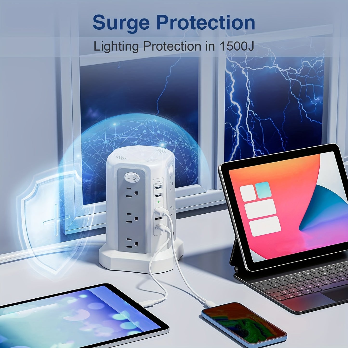Angled 12 Outlets Power Strip Tower USB C PD Ports