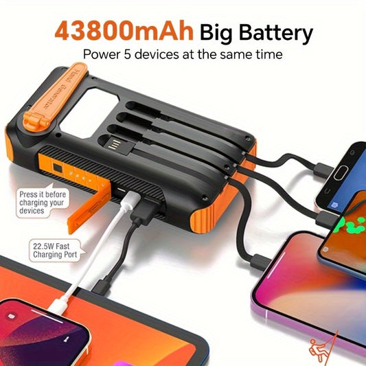 Portable Solar Power Bank with Hand-Crank Generator and Night Light
