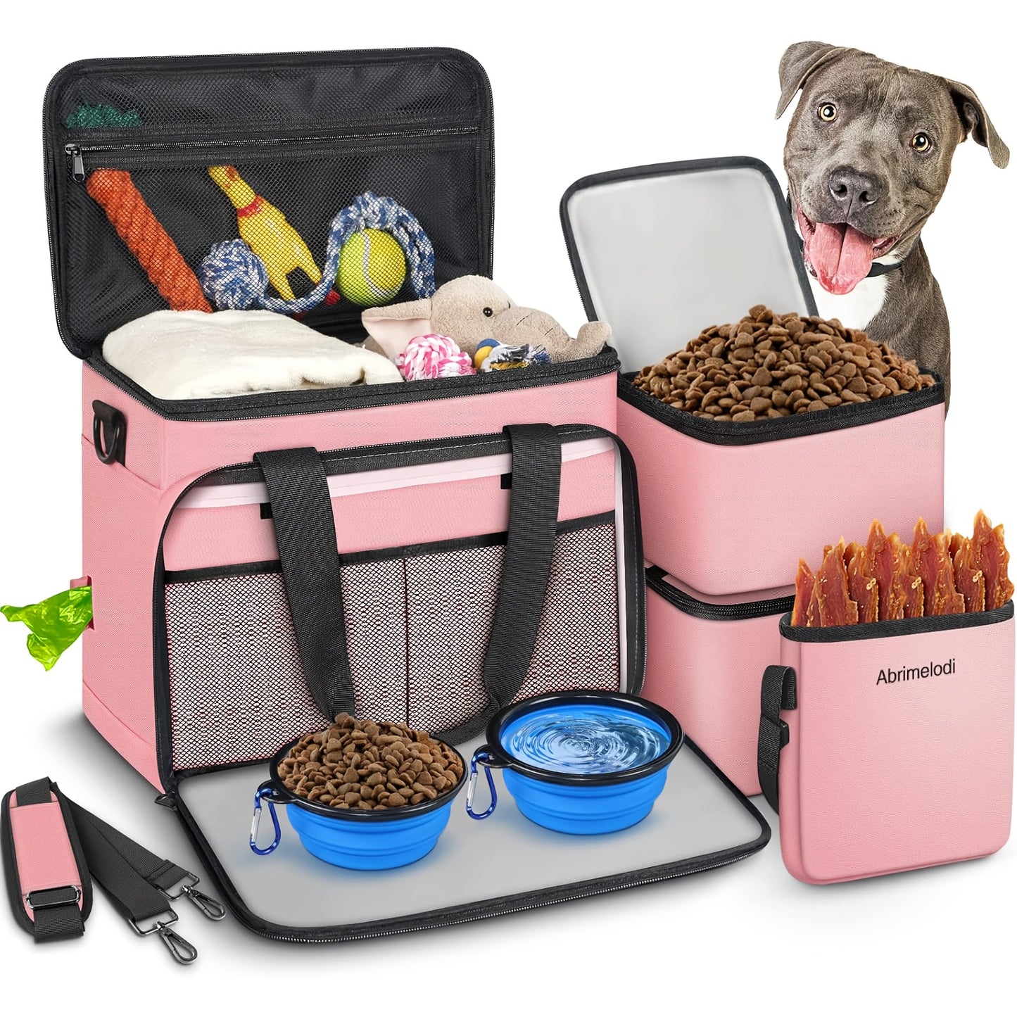 Six Piece Dog Travel Bag Set With Bowls And Containers