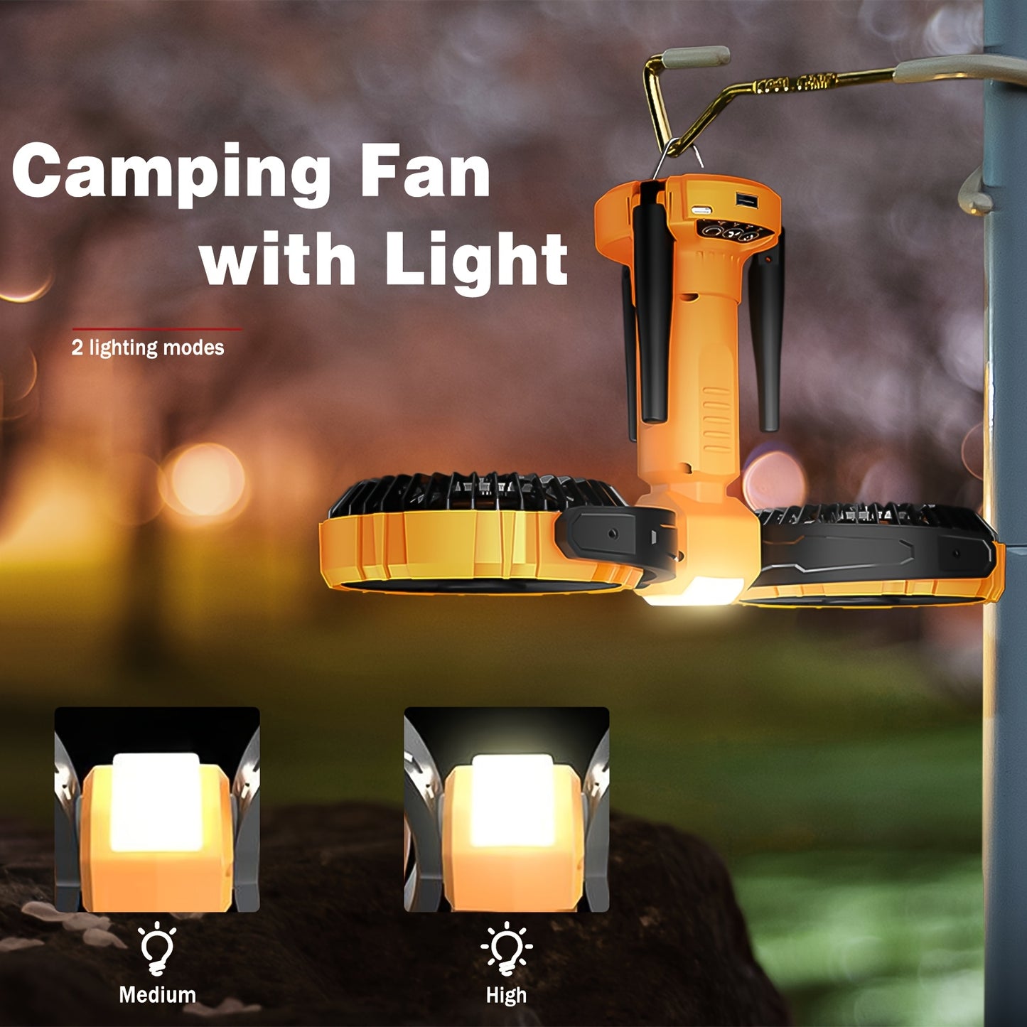 Dual-Head Rechargeable Camping Fan with LED Light and Tripod