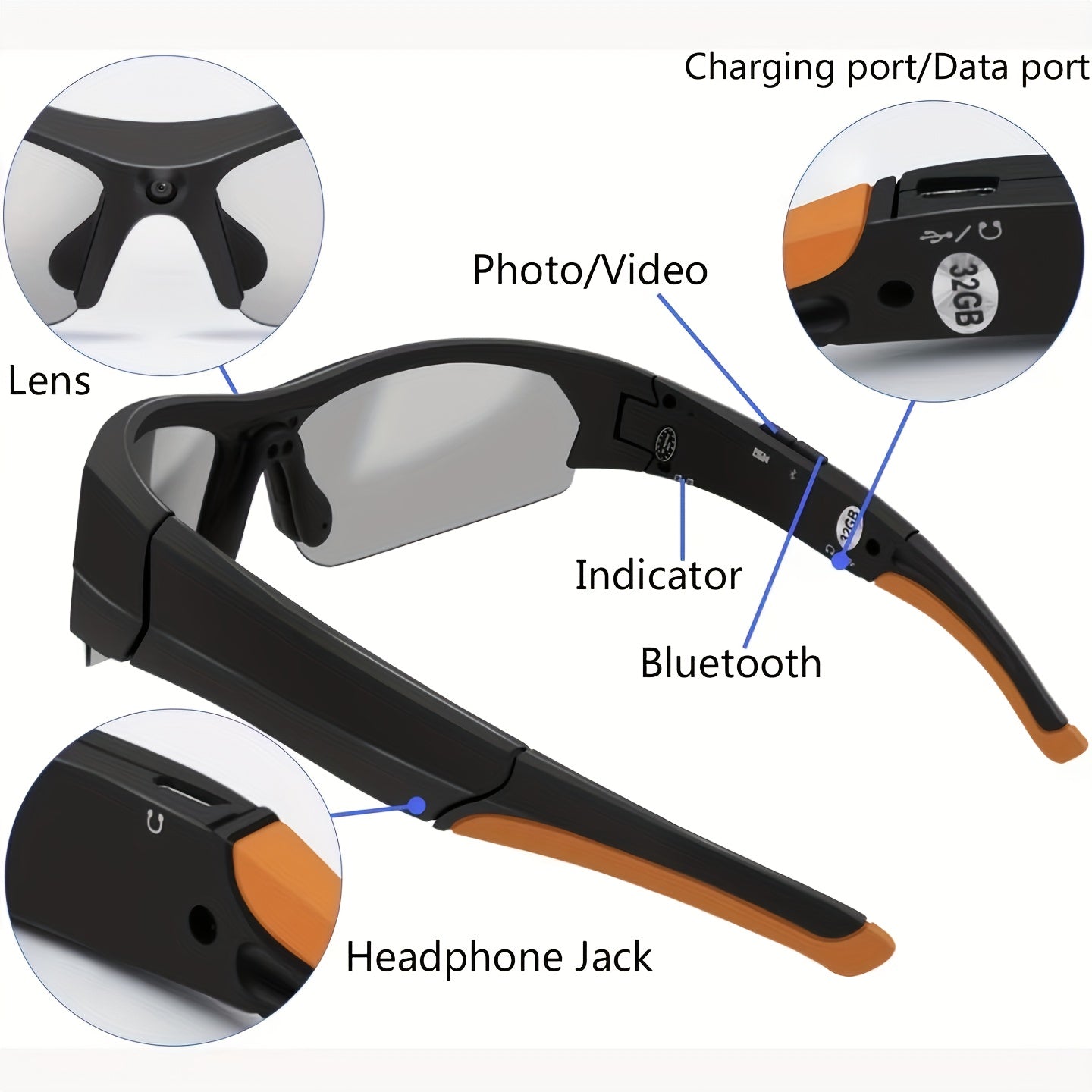 1080P Smart Glasses Camera 32GB Storage And USB Rechargeable Battery