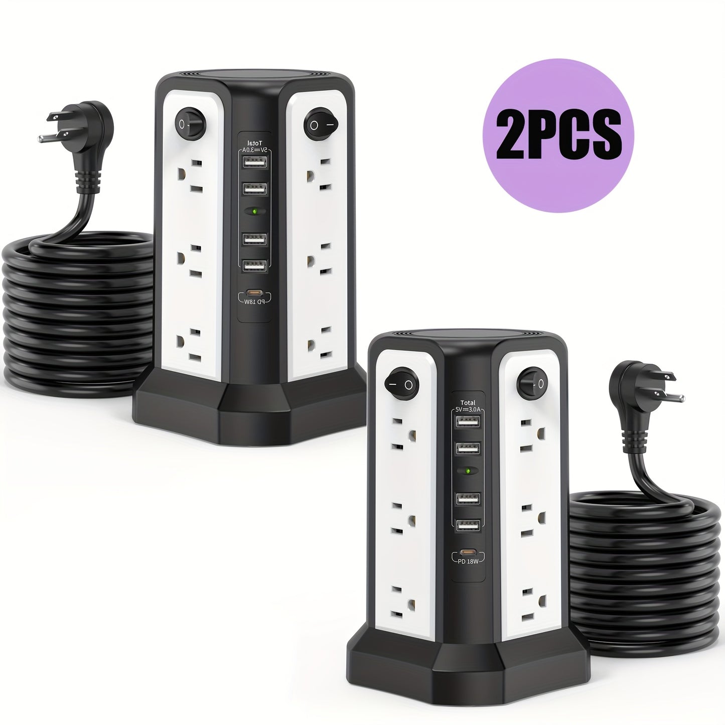 Angled 12 Outlets Power Strip Tower USB C PD Ports
