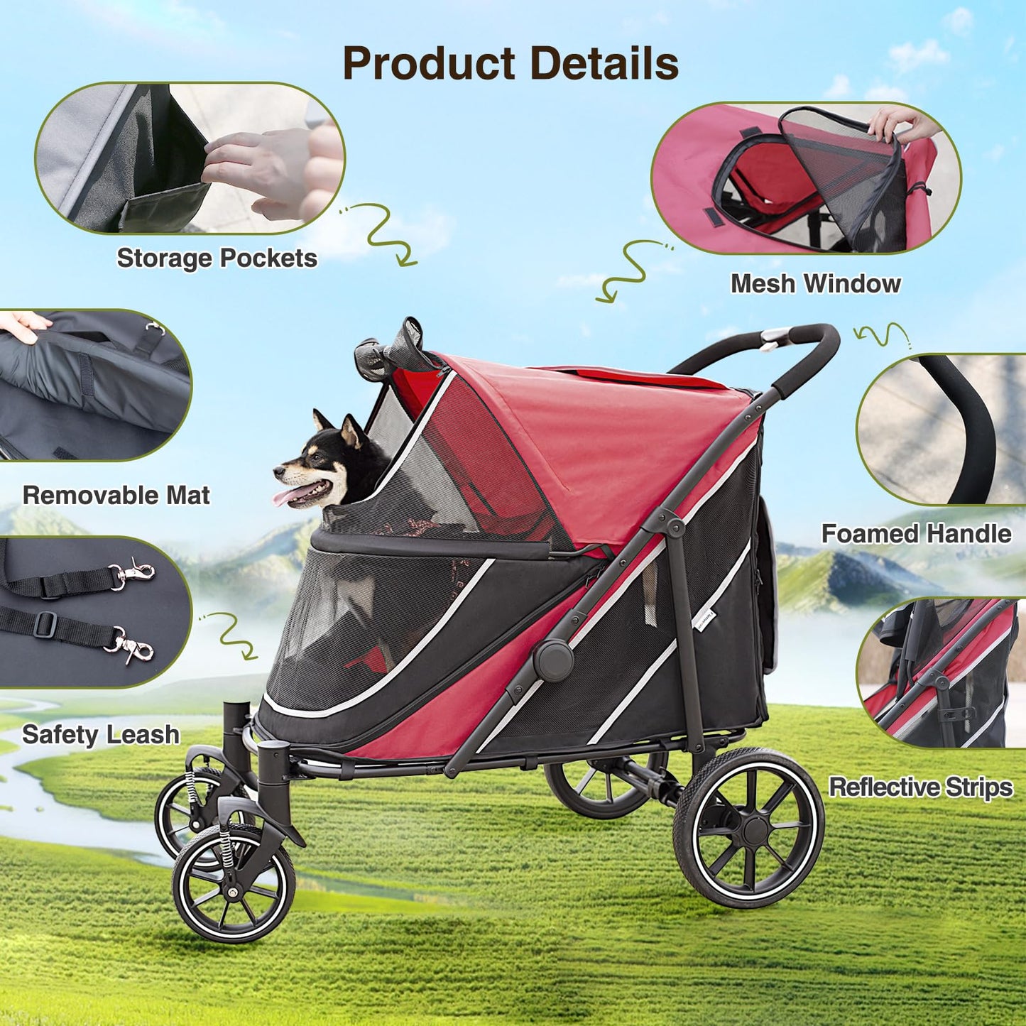 Heavy Duty Dog Carrier Stroller With Folding Wheels
