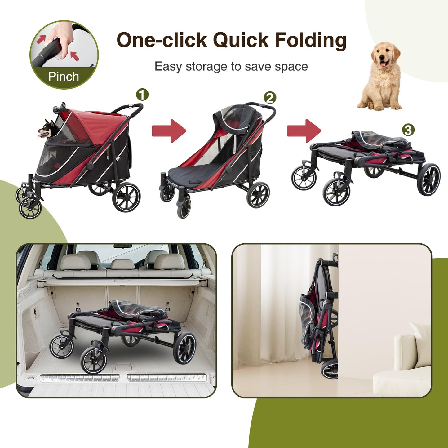 Heavy Duty Dog Carrier Stroller With Folding Wheels