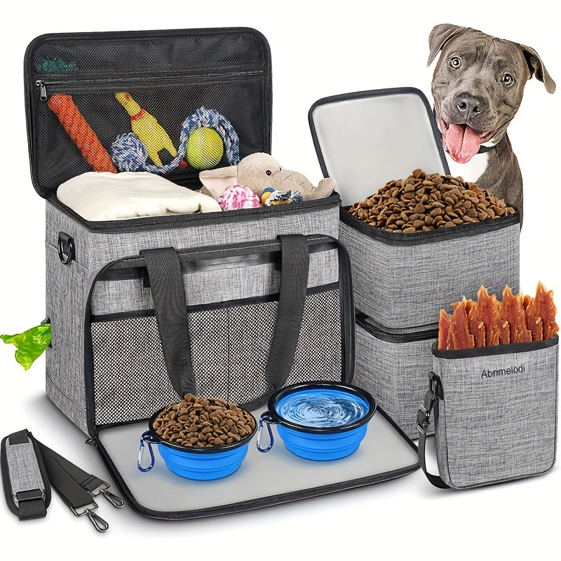 Six Piece Dog Travel Bag Set With Bowls And Containers