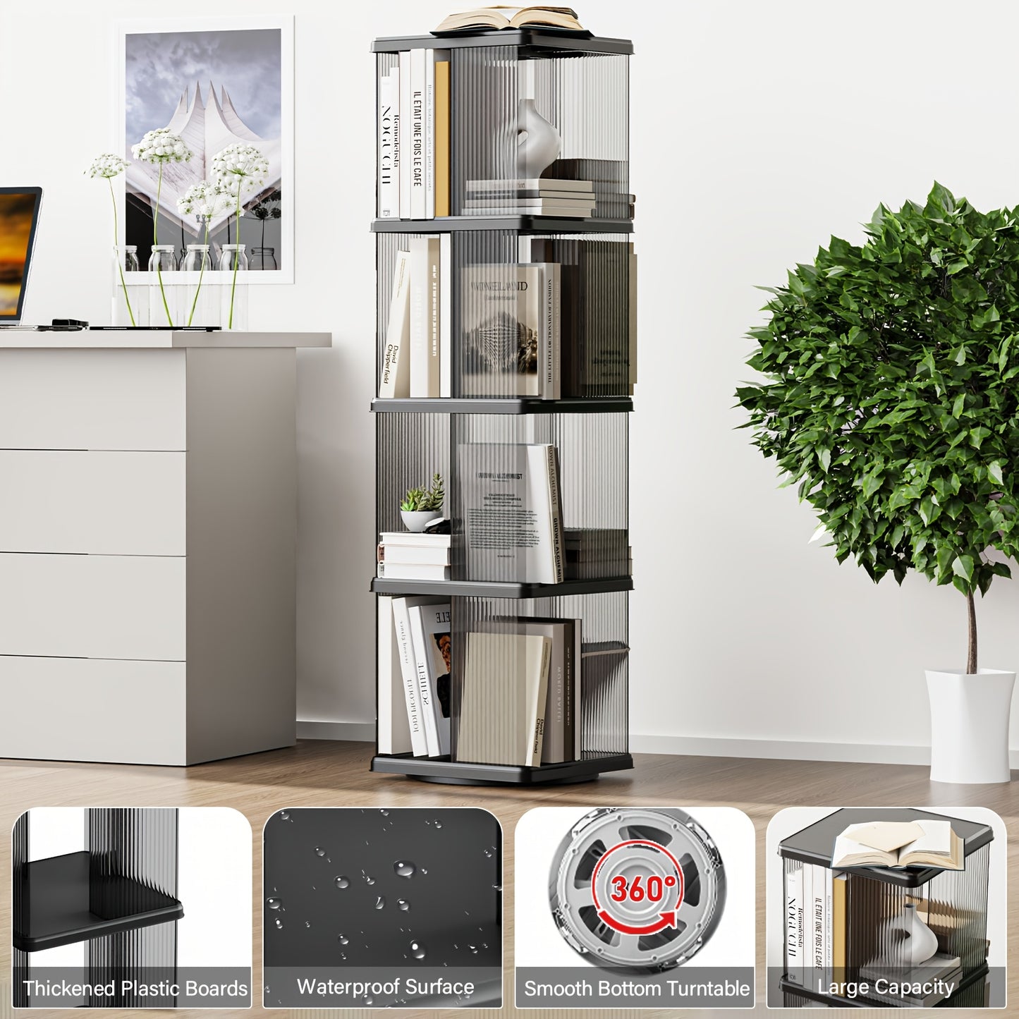 Rotating Corner Bookshelf 4 Tier Floor Standing Organizer