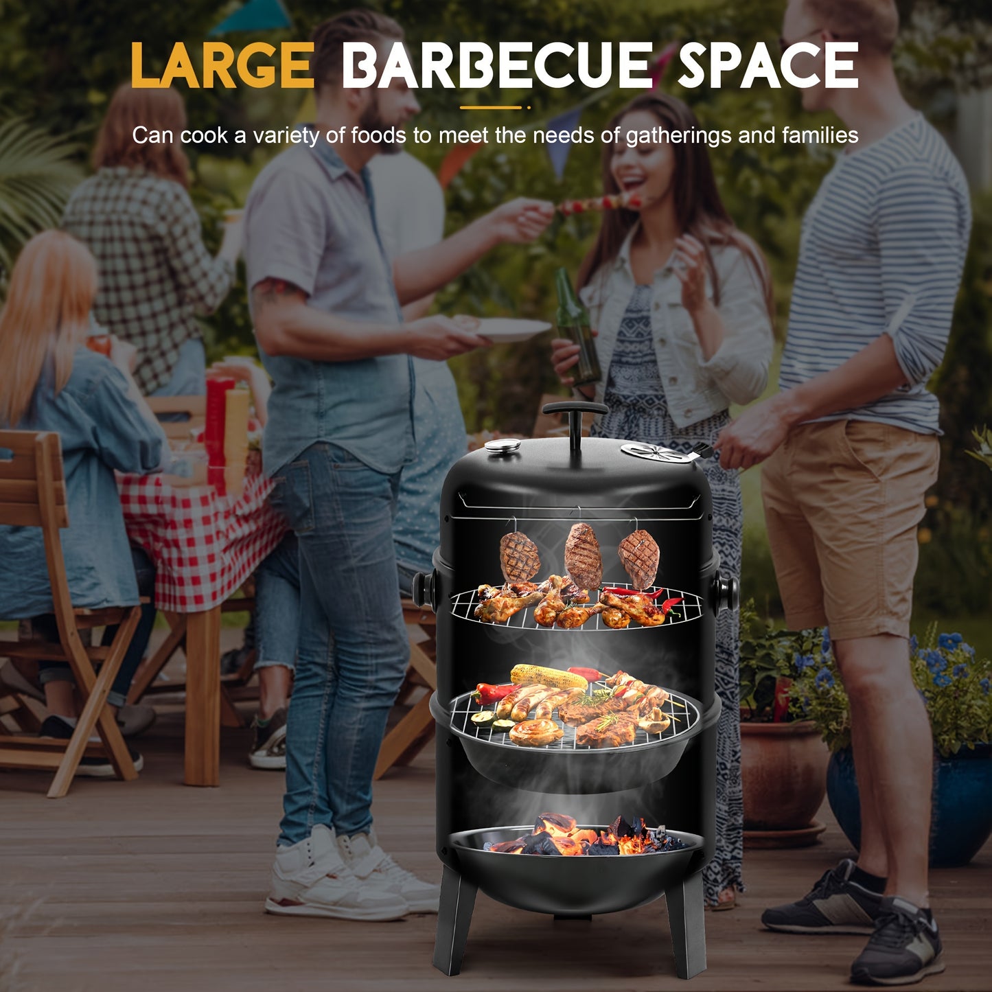 Portable Vertical Charcoal Smoker Grill With Thermometer