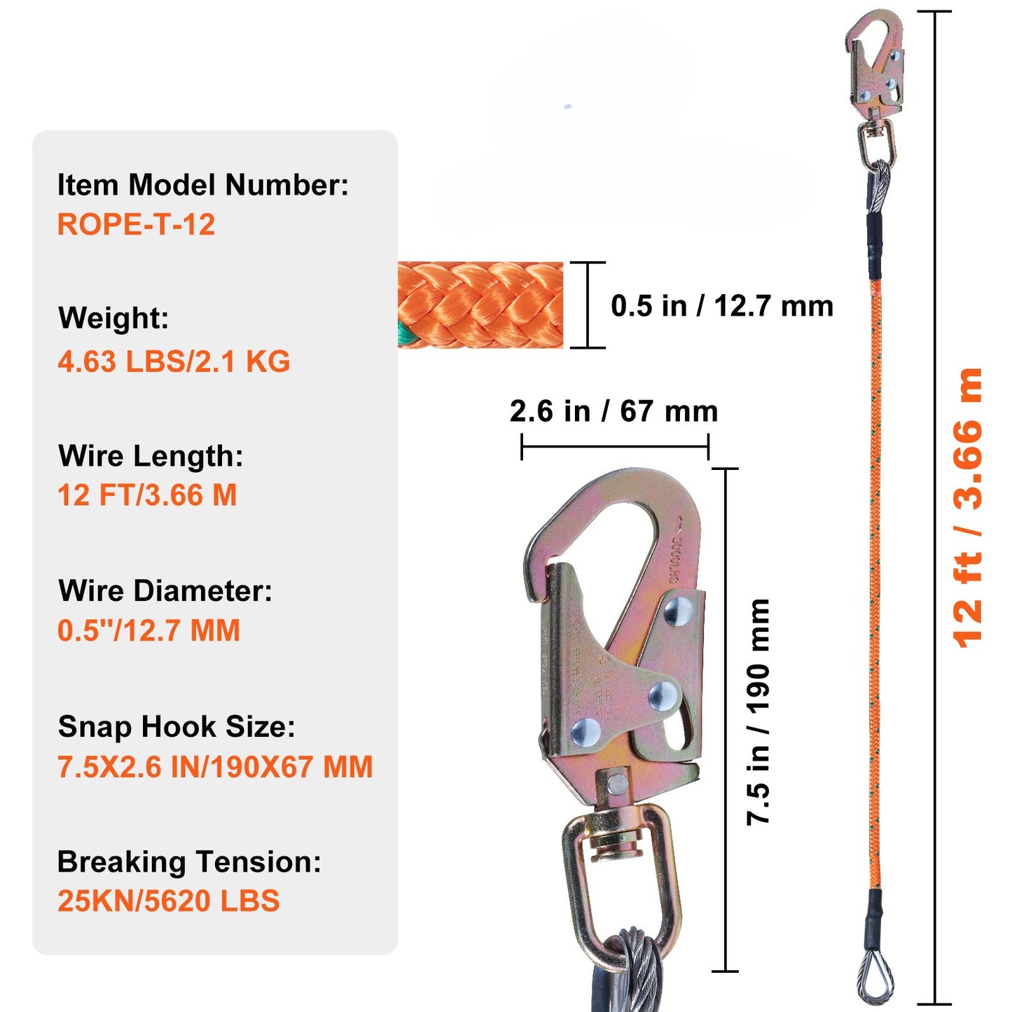 Steel Core Arborist Flipline With Snap Hook And Carabiner