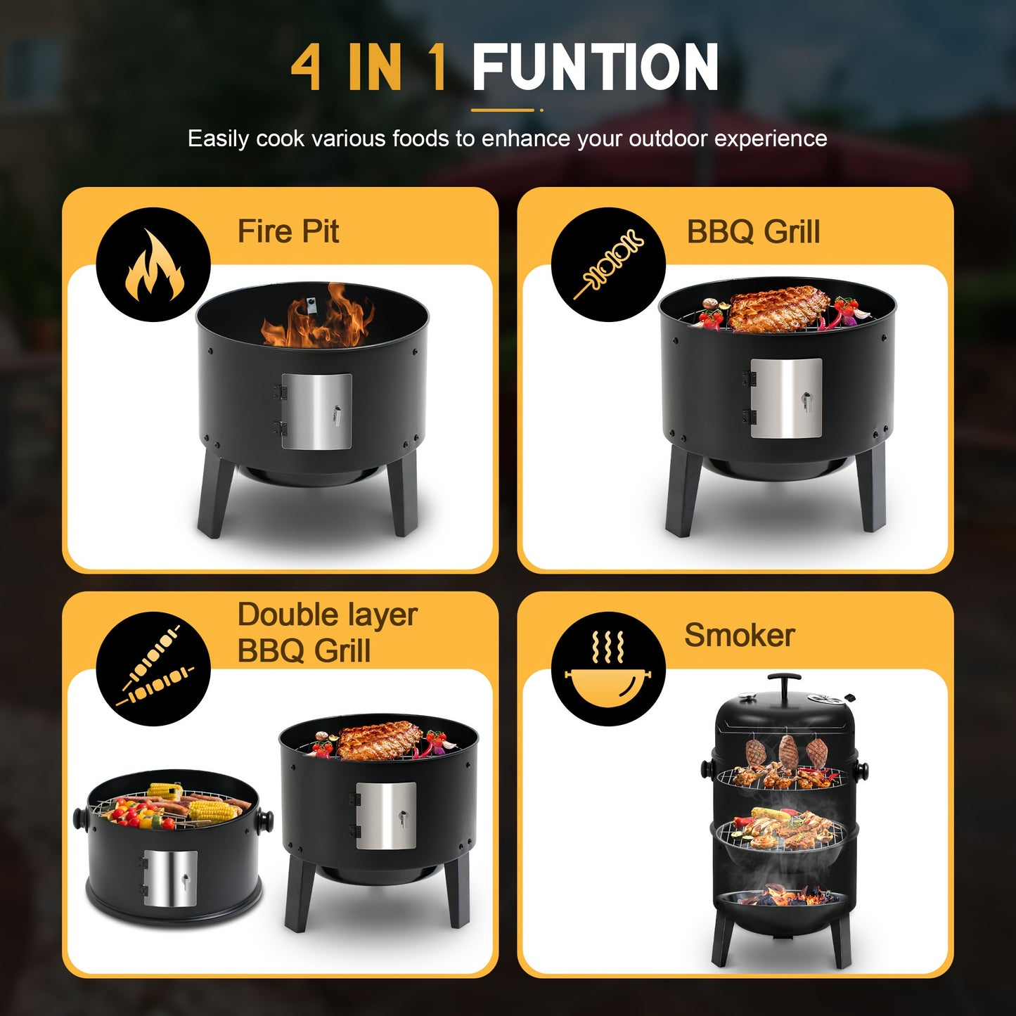 Portable Vertical Charcoal Smoker Grill With Thermometer