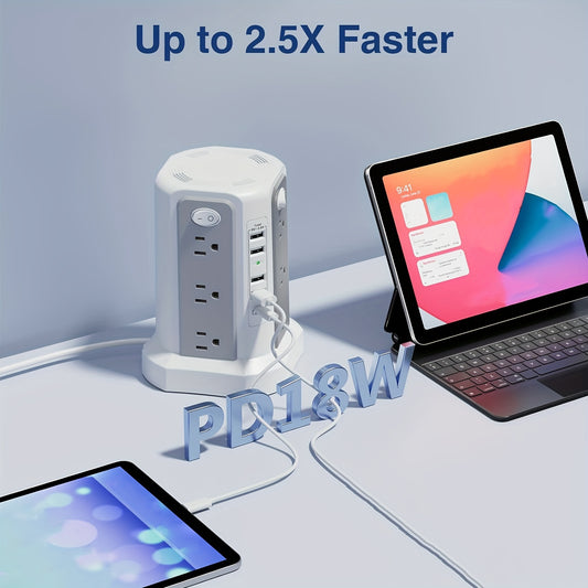 Angled 12 Outlets Power Strip Tower USB C PD Ports