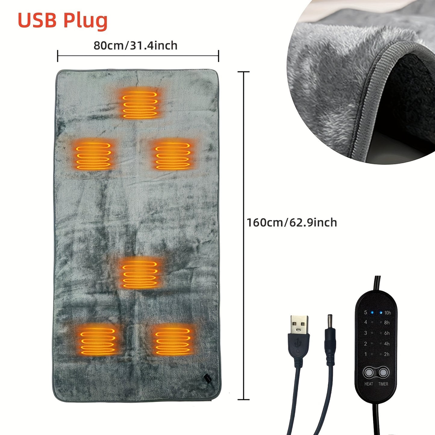 Electric Heated Blanket USB Powered With 5 Level Temp