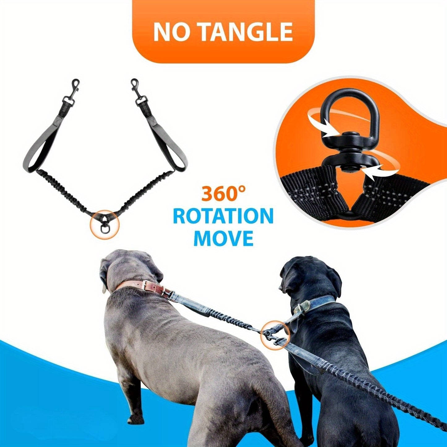 Hands Free Double Dog Leash with Padded Handles and Reflective Stitches