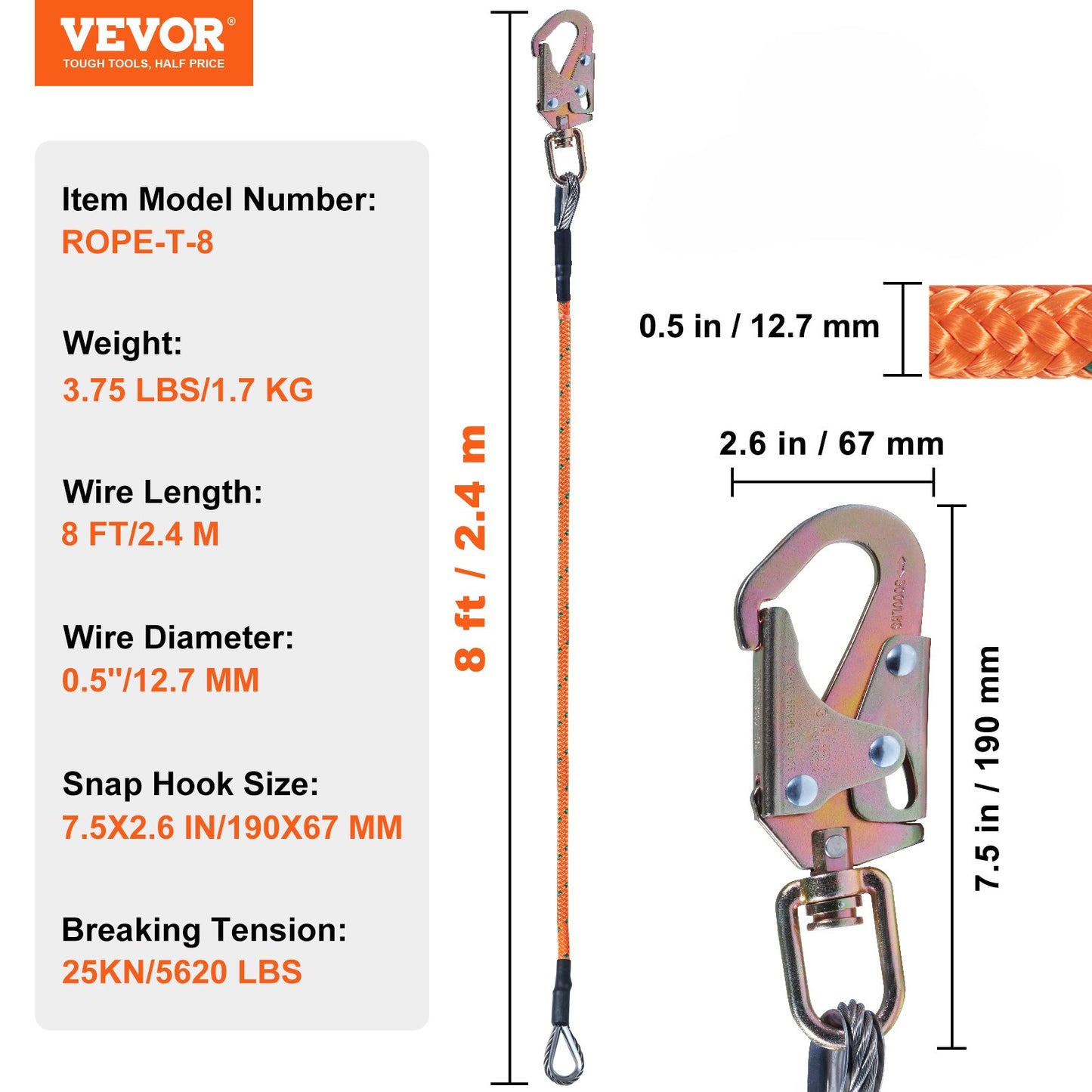 Steel Core Arborist Flipline With Snap Hook And Carabiner
