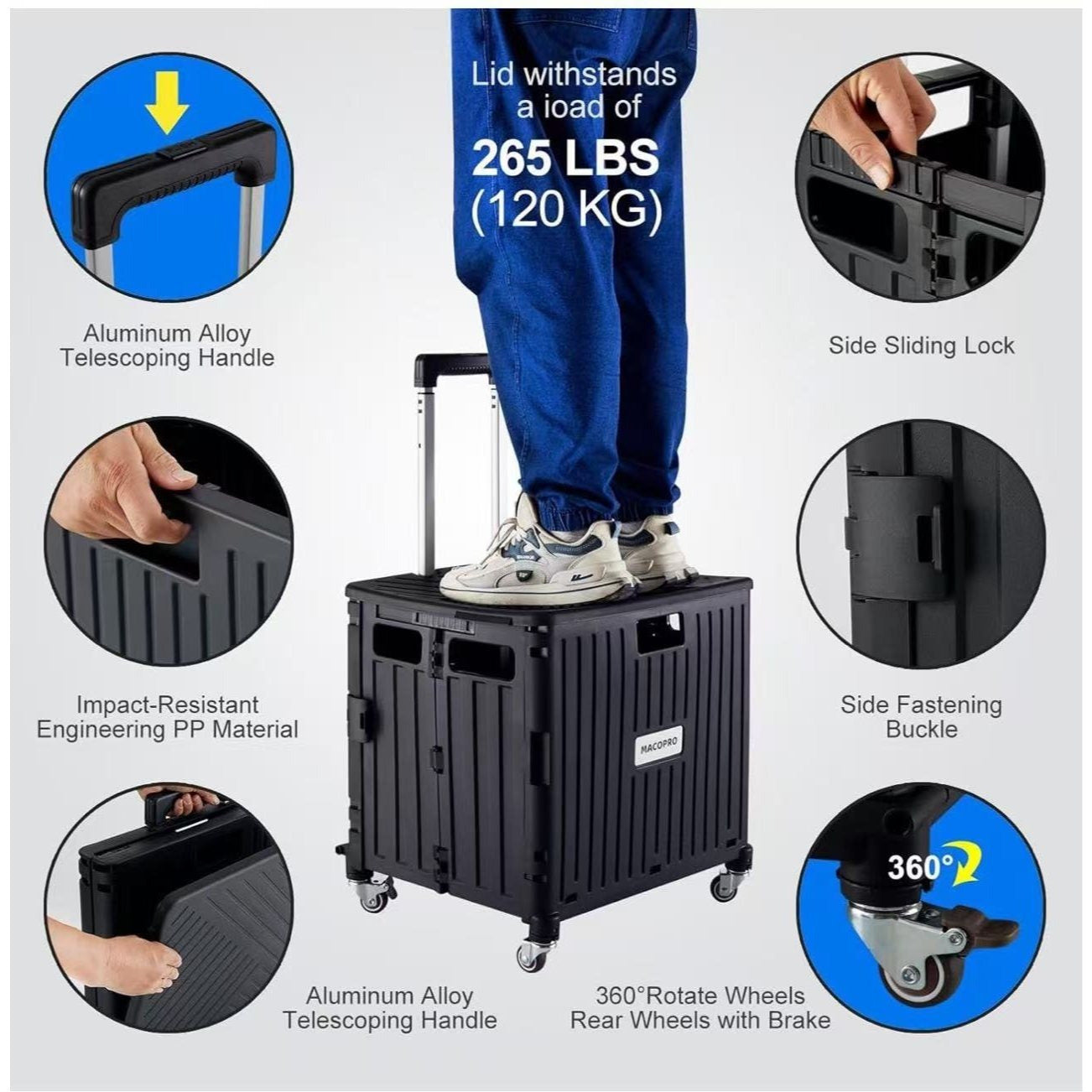Foldable Rolling Cart With Telescopic Handle And Wheels