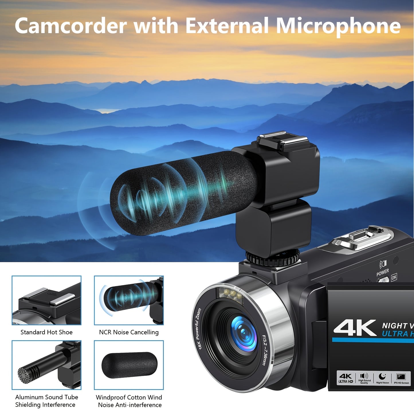 4K Ultra HD Vlogging Camcorder 18X Zoom IR Night Vision