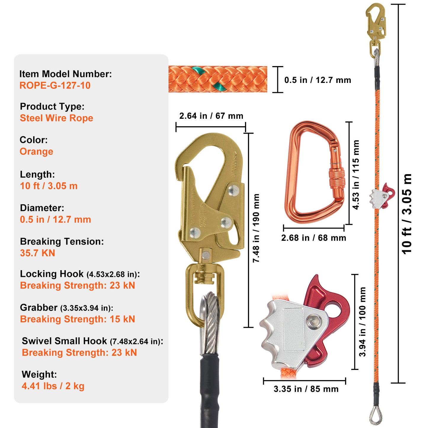 Steel Core Arborist Flipline With Snap Hook And Carabiner