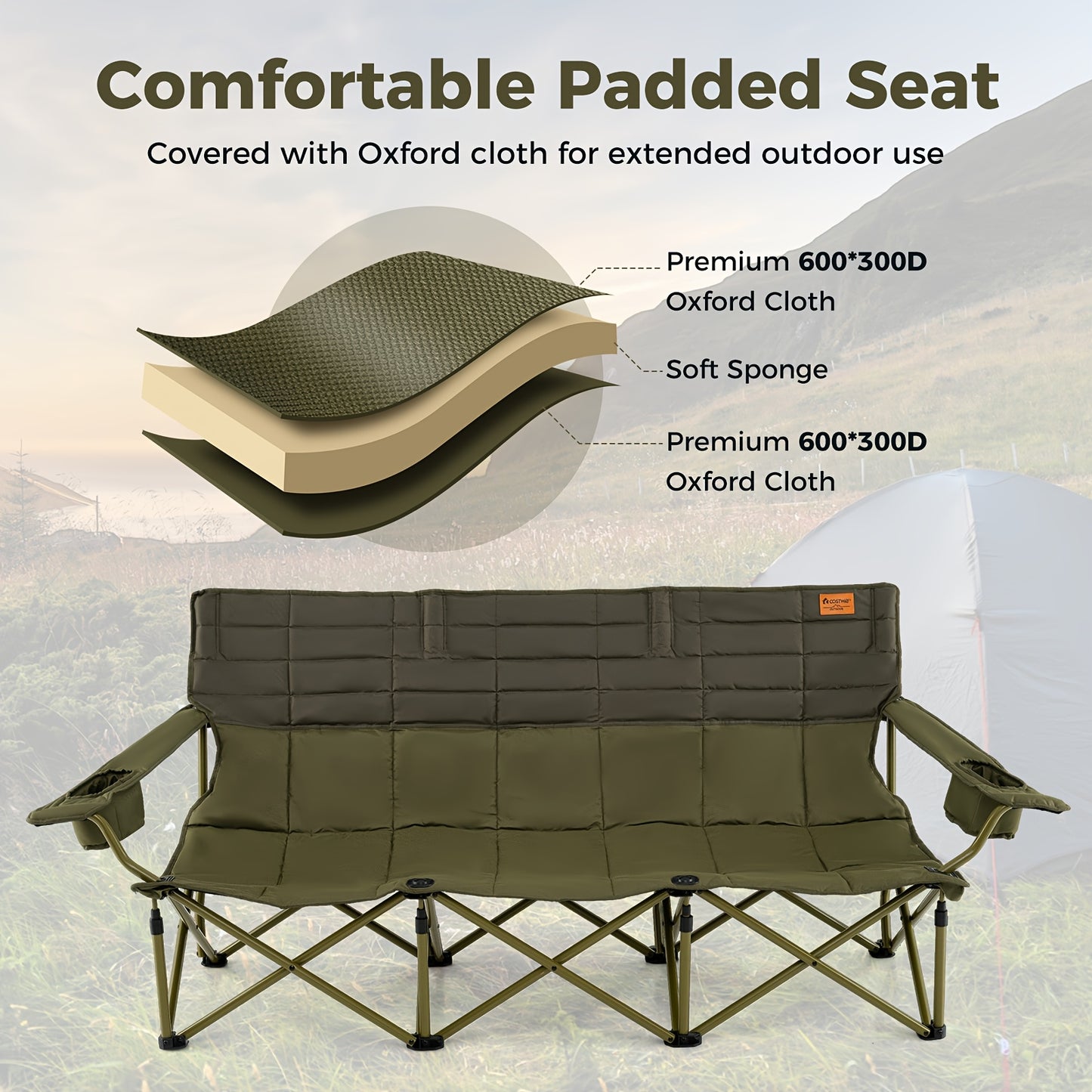 Heavy-Duty Folding Camping Chair for Three with Cup Holders