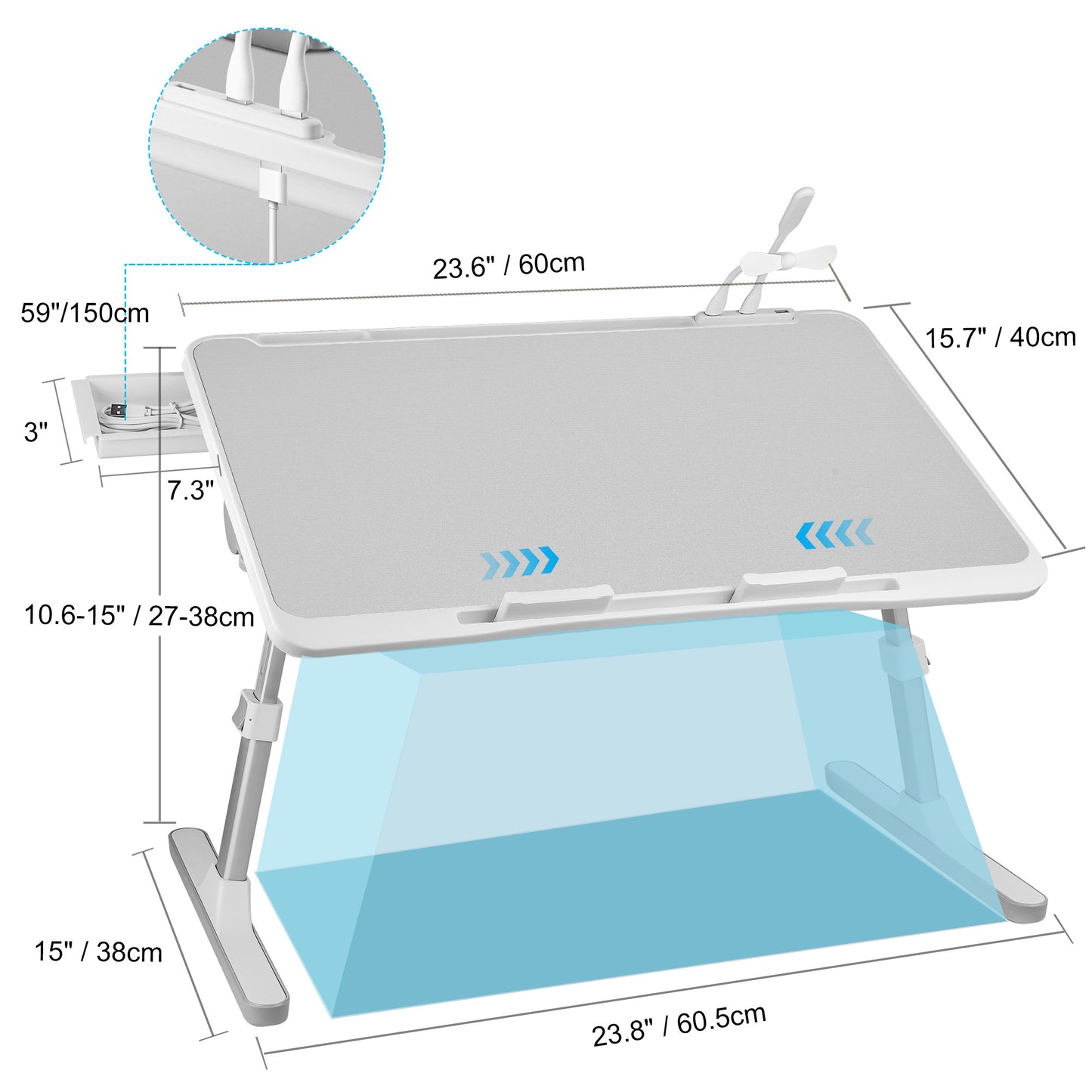 FWPP Adjustable Laptop Lap Desk Stand For Bed USB Light