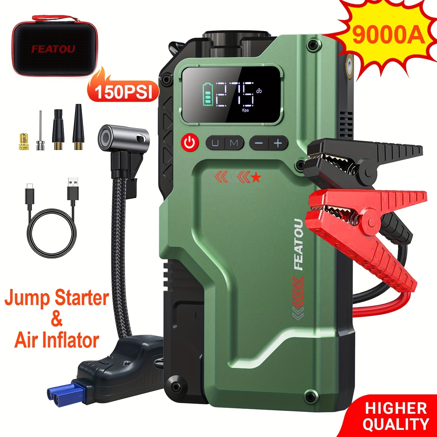 9000A Jump Starter With Air Compressor Car Battery Charger
