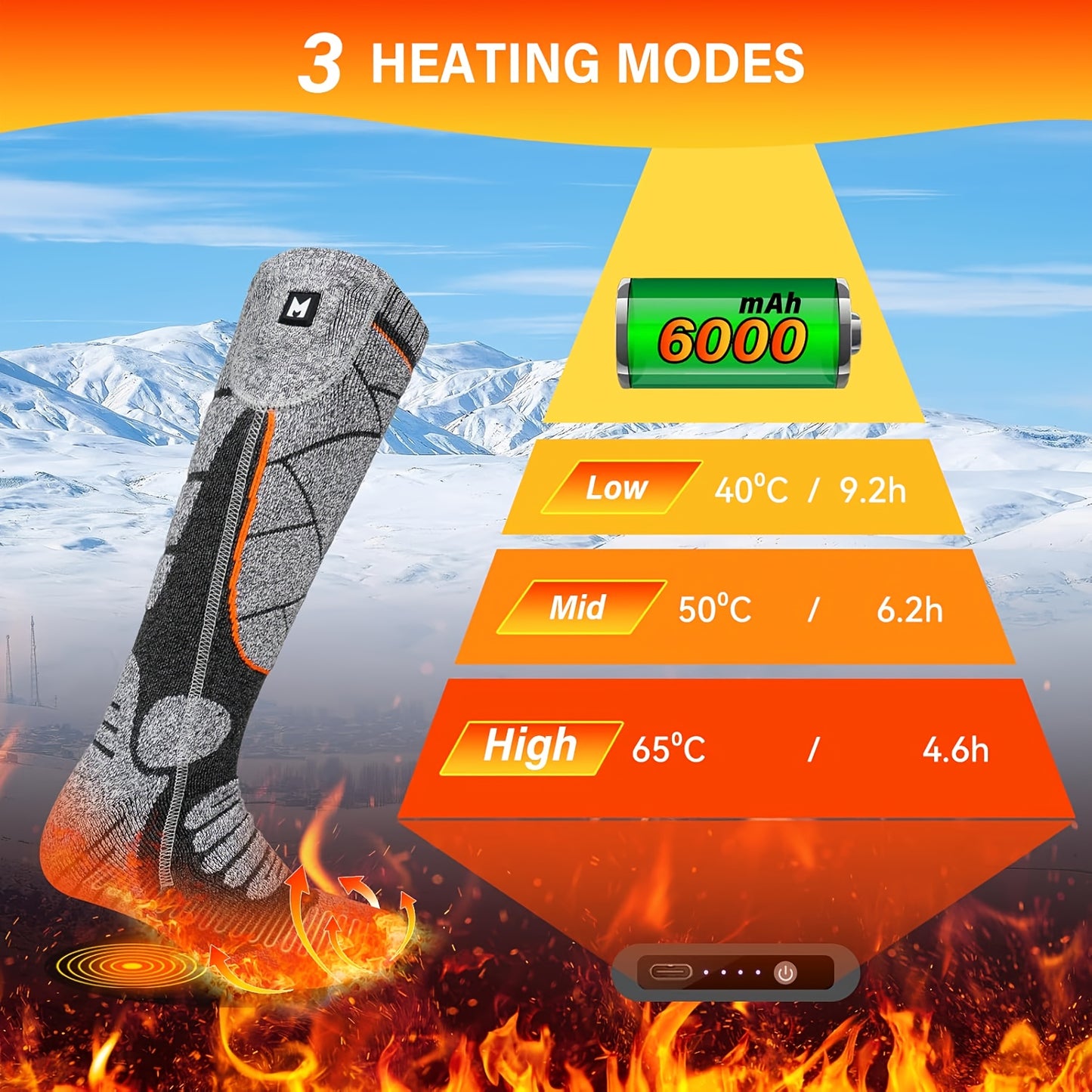 Rechargeable Heated Socks USB Powered With 3 Level Heat