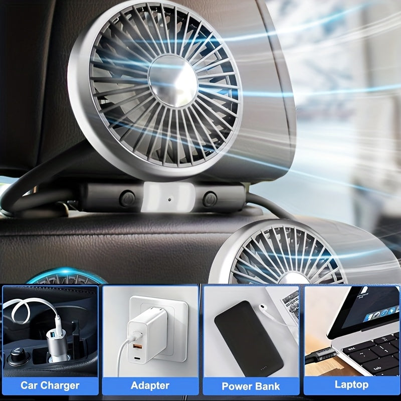 Dual Head Car USB Fan 3 Speed Rotatable Flexible Gooseneck