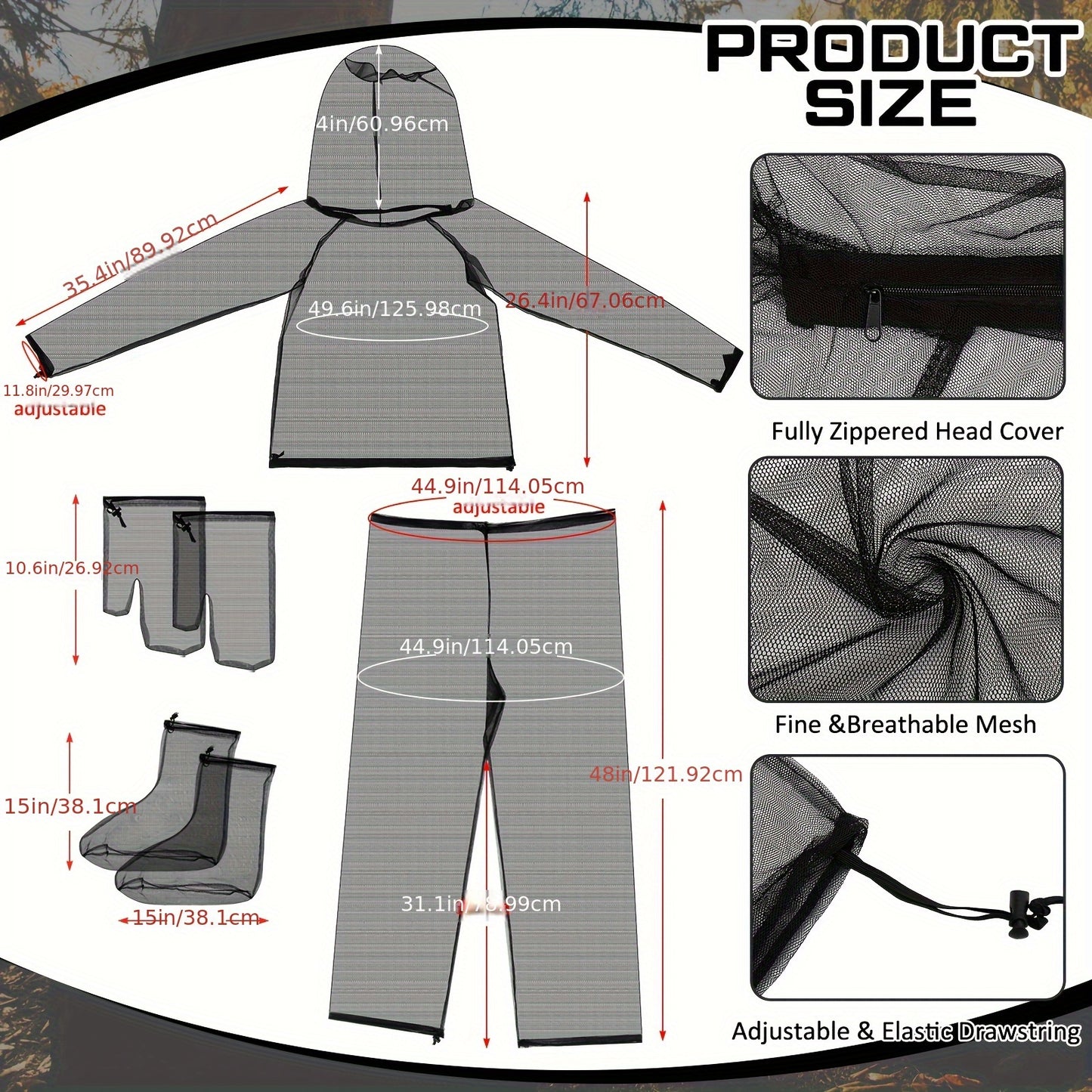 Men Mosquito Net Suit Set Jacket Pants Mittens Socks Floral Bird Design Outdoor