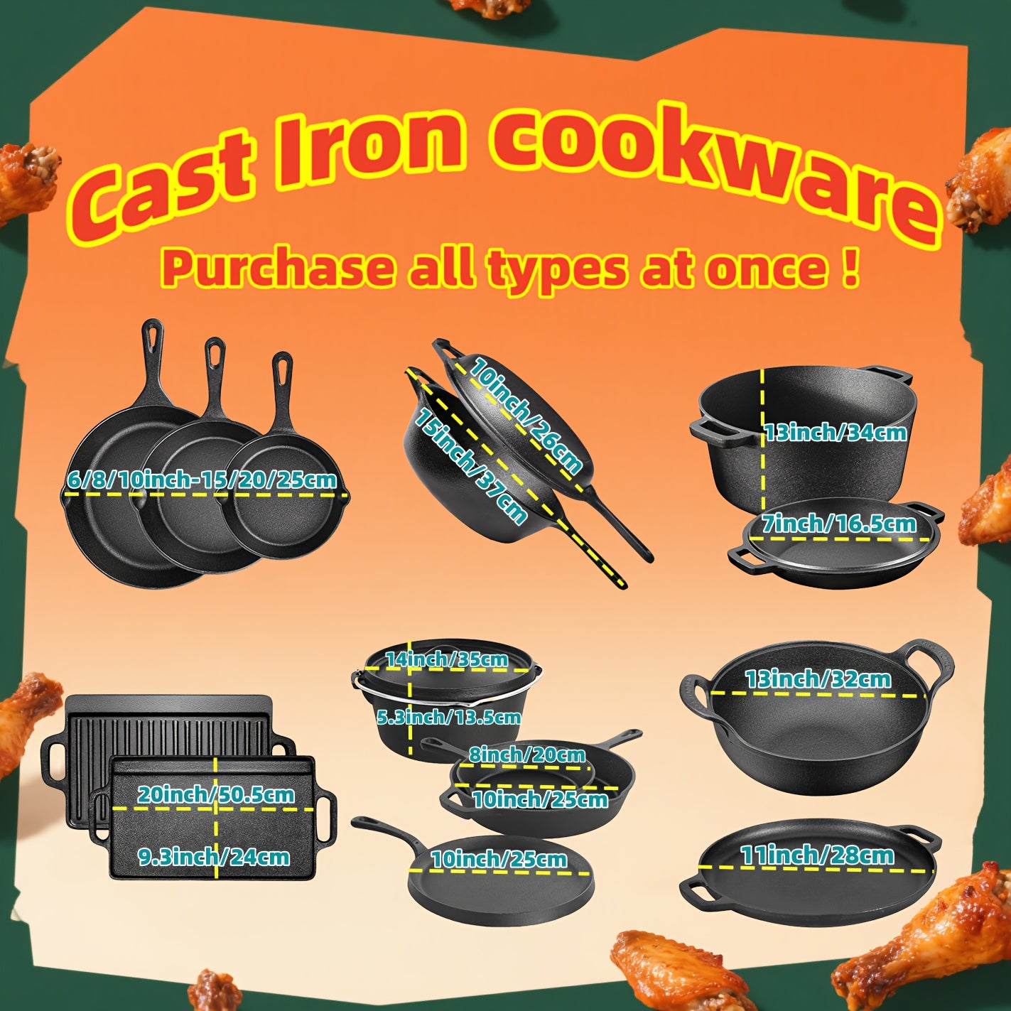 Cast Iron Skillets Set with Dutch Oven and Griddles Cookware
