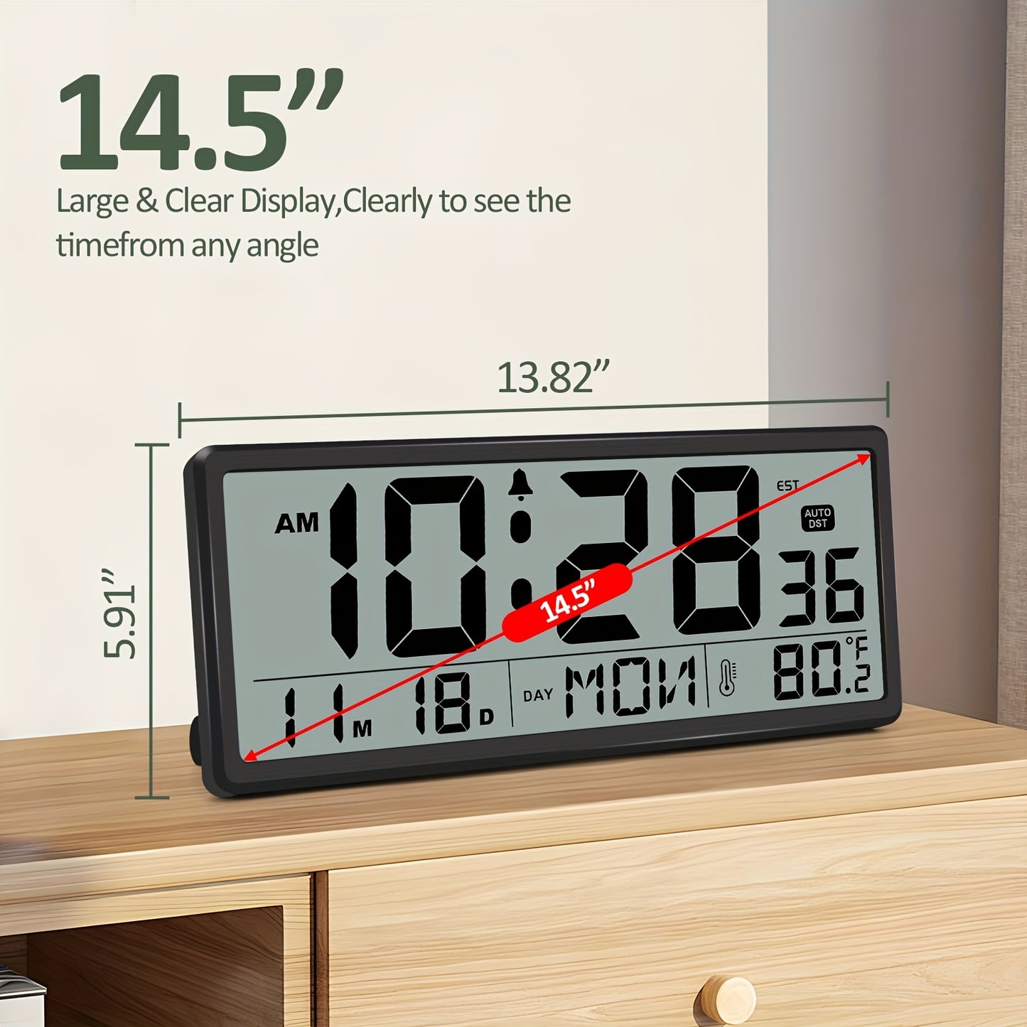 Large Display Digital Wall Clock with Temperature and Date
