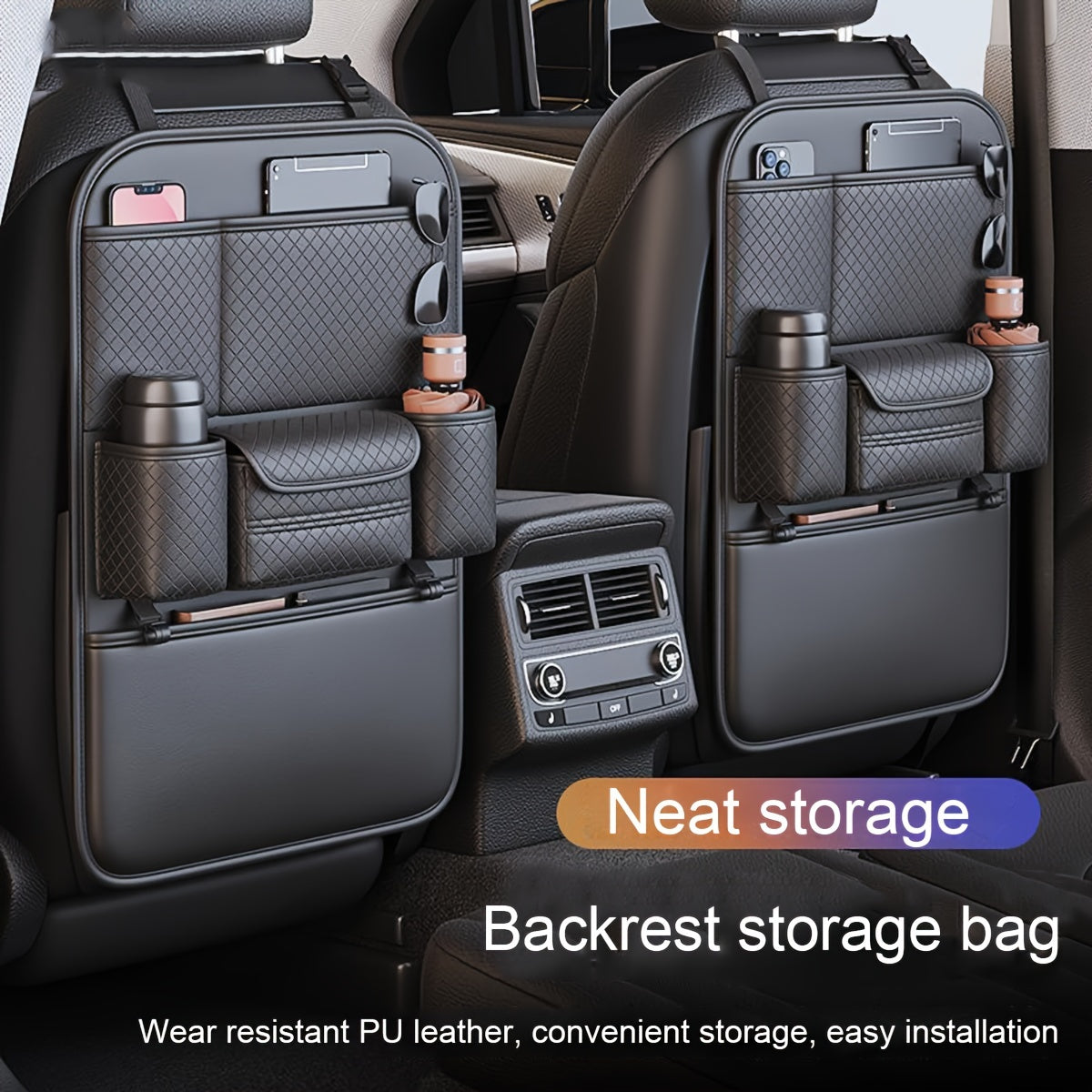 PU Leather Large Capacity Backrest Storage Bag Car Seat Organizer